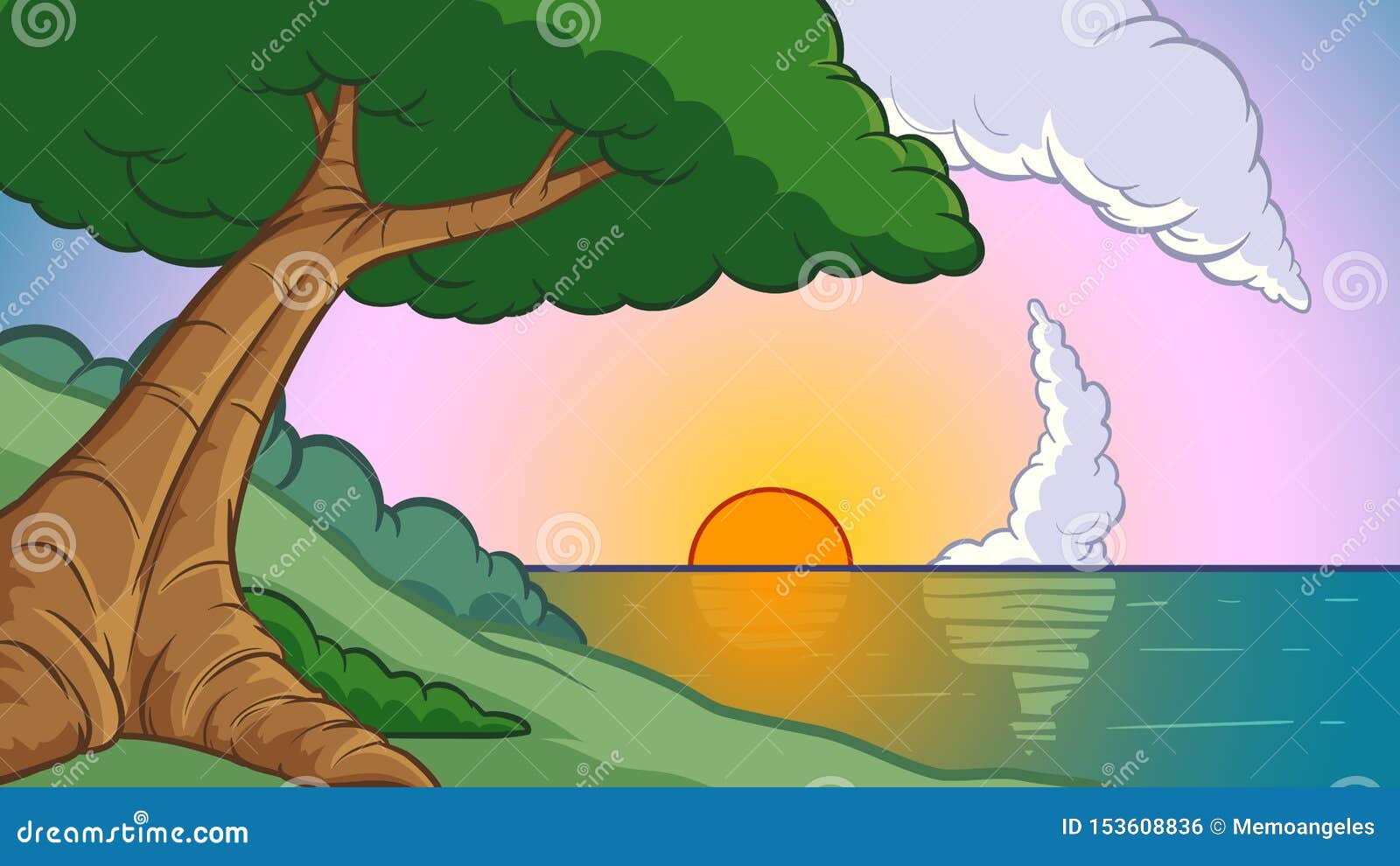Cartoon Background Sunset with Tree and Ocean Stock Vector - Illustration  of separate, vector: 153608836
