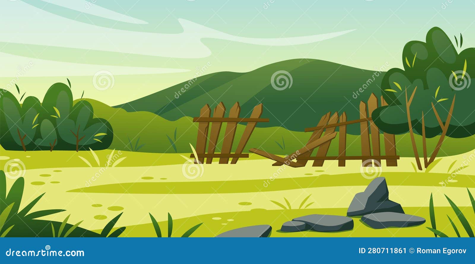 wooden cottage on hill in forest with path on meadow color clipart Stock  Vector