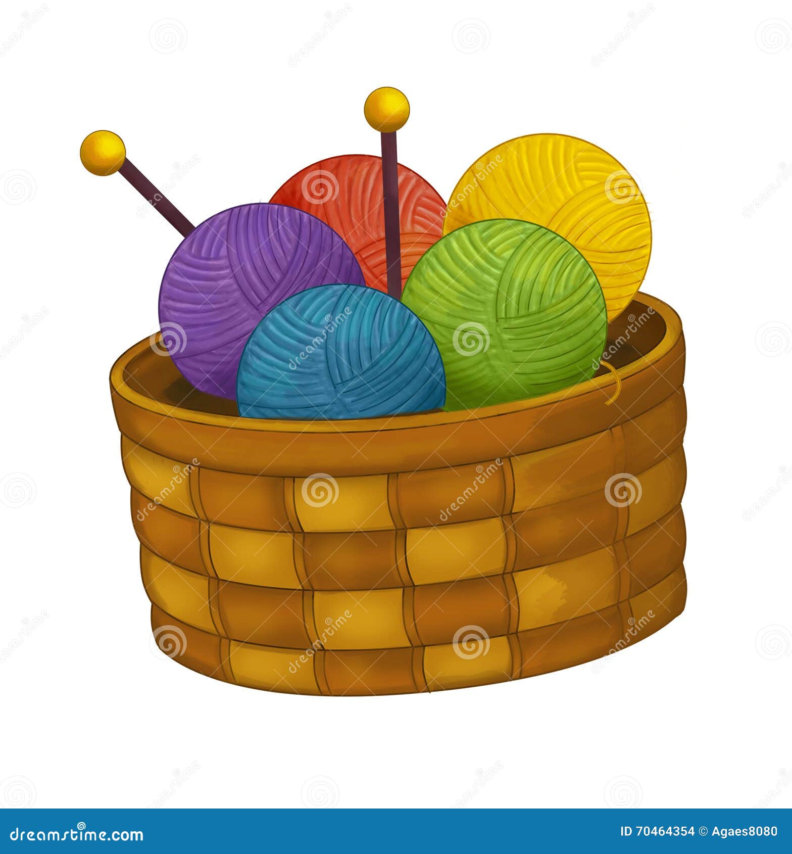 Cartoon basket with wool - stock illustration. Illustration of ball -  70464354