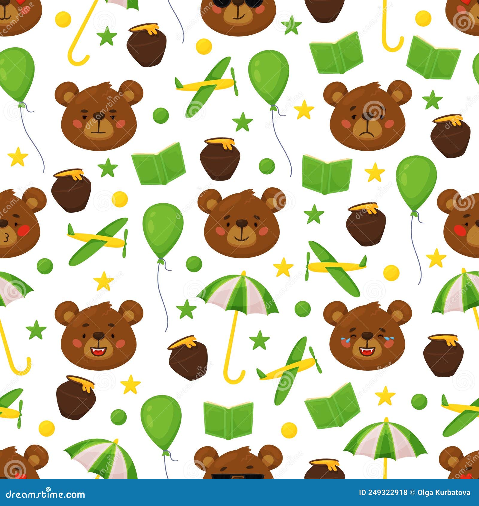 cartoon bear seamless pattern. funny animals heads, brown grizzly characters, forest mammals faces and objects, recent