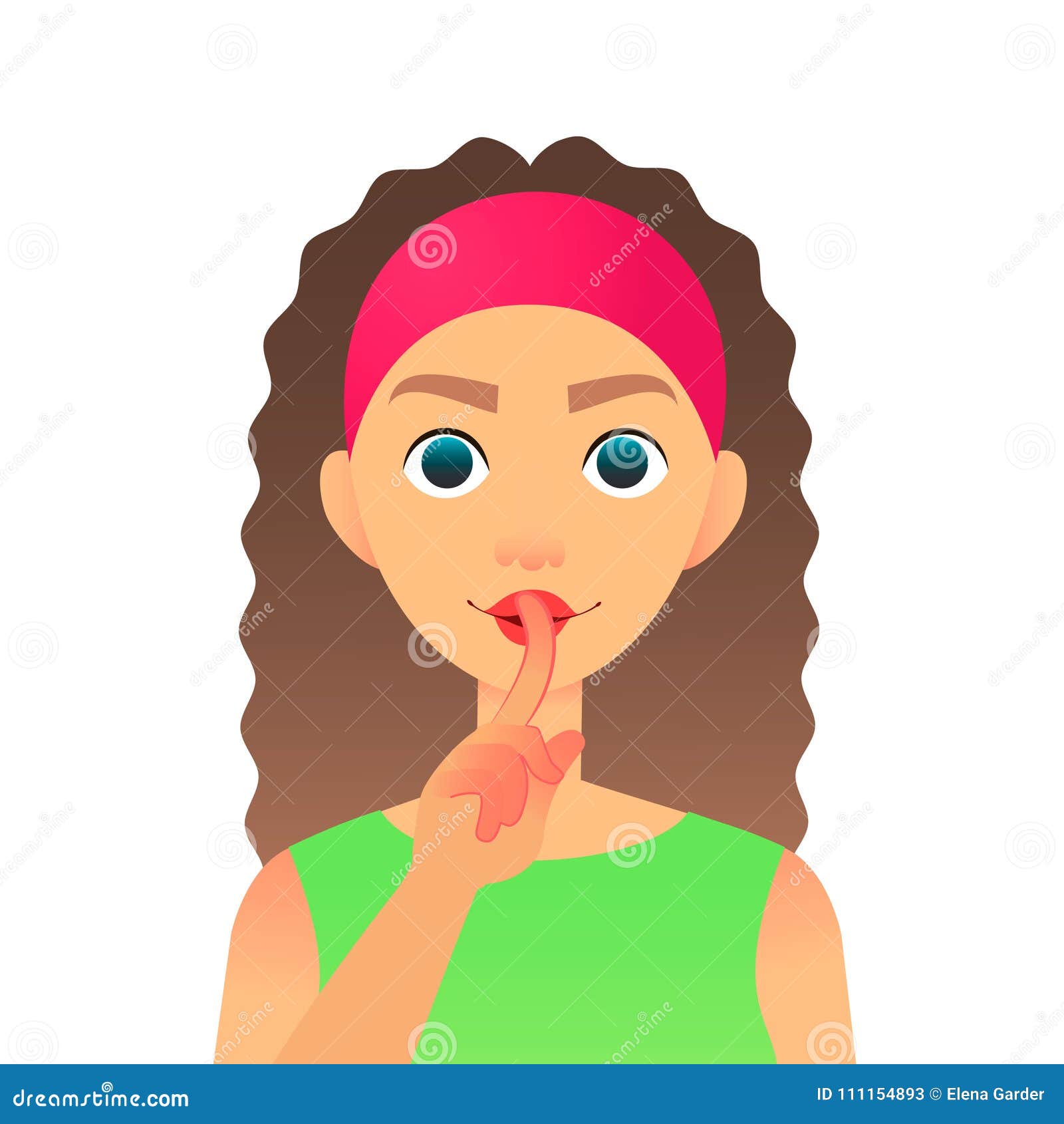 cartoon beautiful woman saying hush be quiet with finger on lips gesture. flat  secret girl. female silent gesture