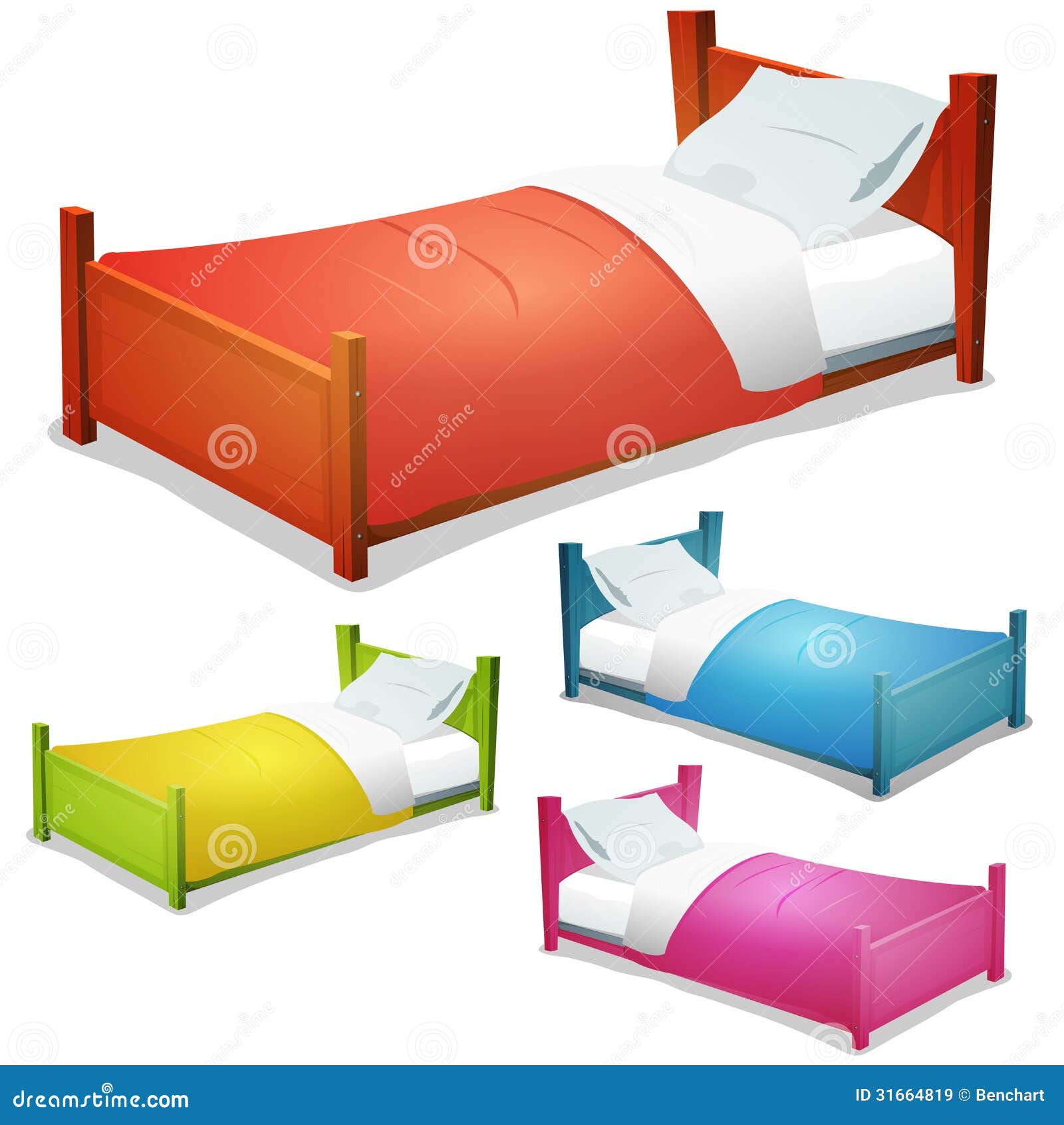 Illustration of a set of cartoon wood children beds for boys and girls 