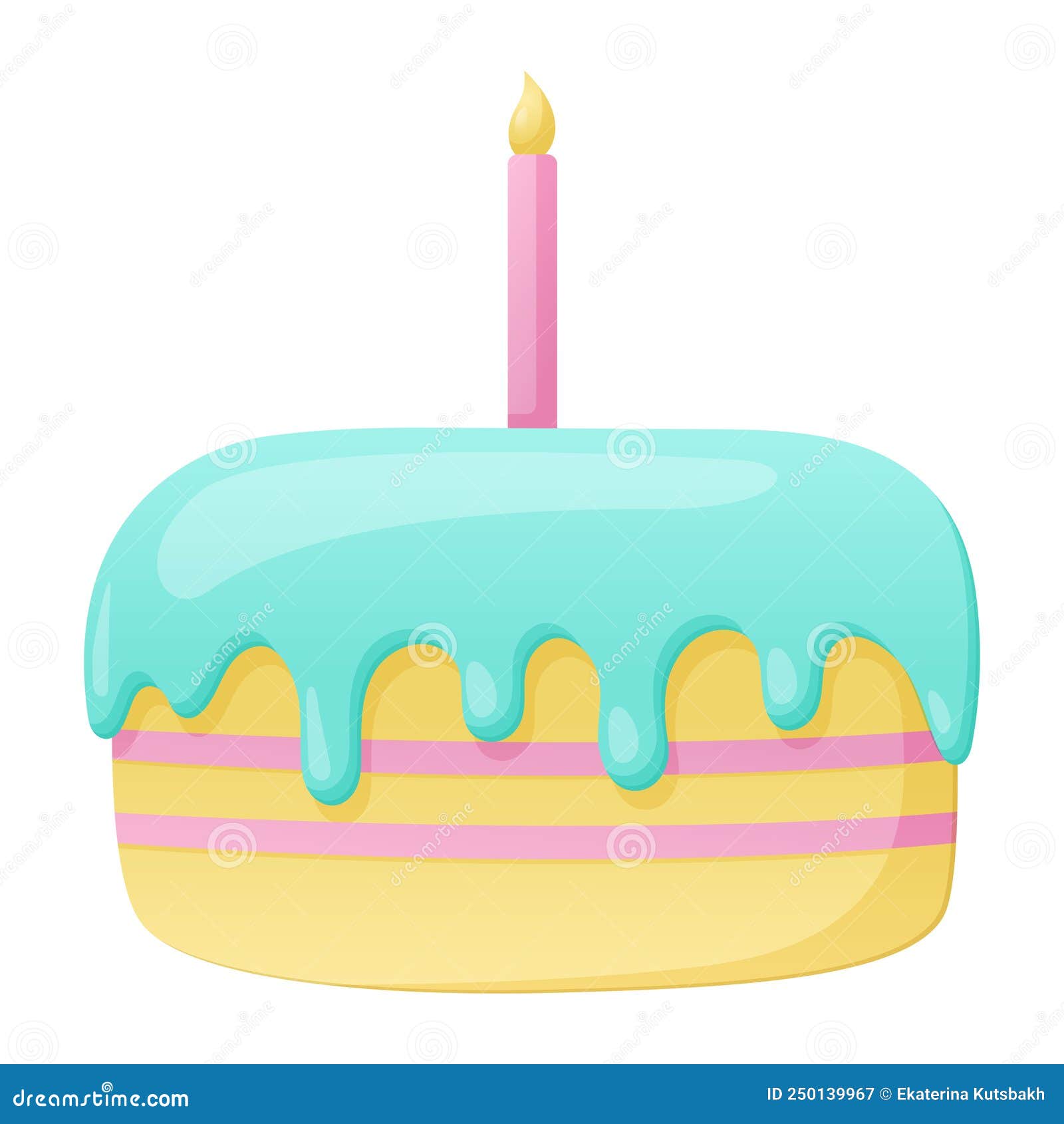 Cartoon Birthday Cake with Icing and Candle, Vector Isolated