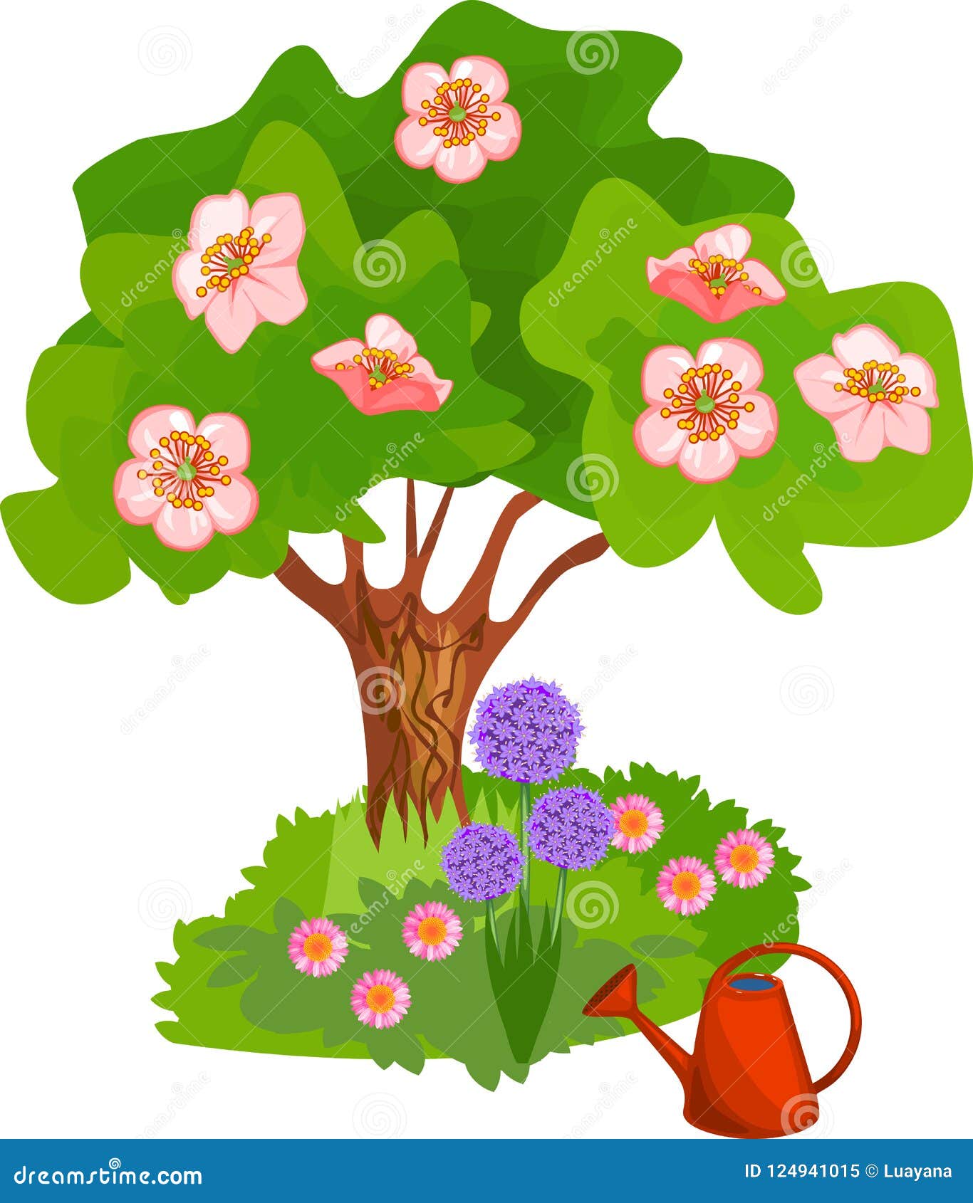 Cartoon Blooming Tree with Pink Flowers and Grass Near Trunk on White  Background Stock Vector - Illustration of vector, grass: 124941015