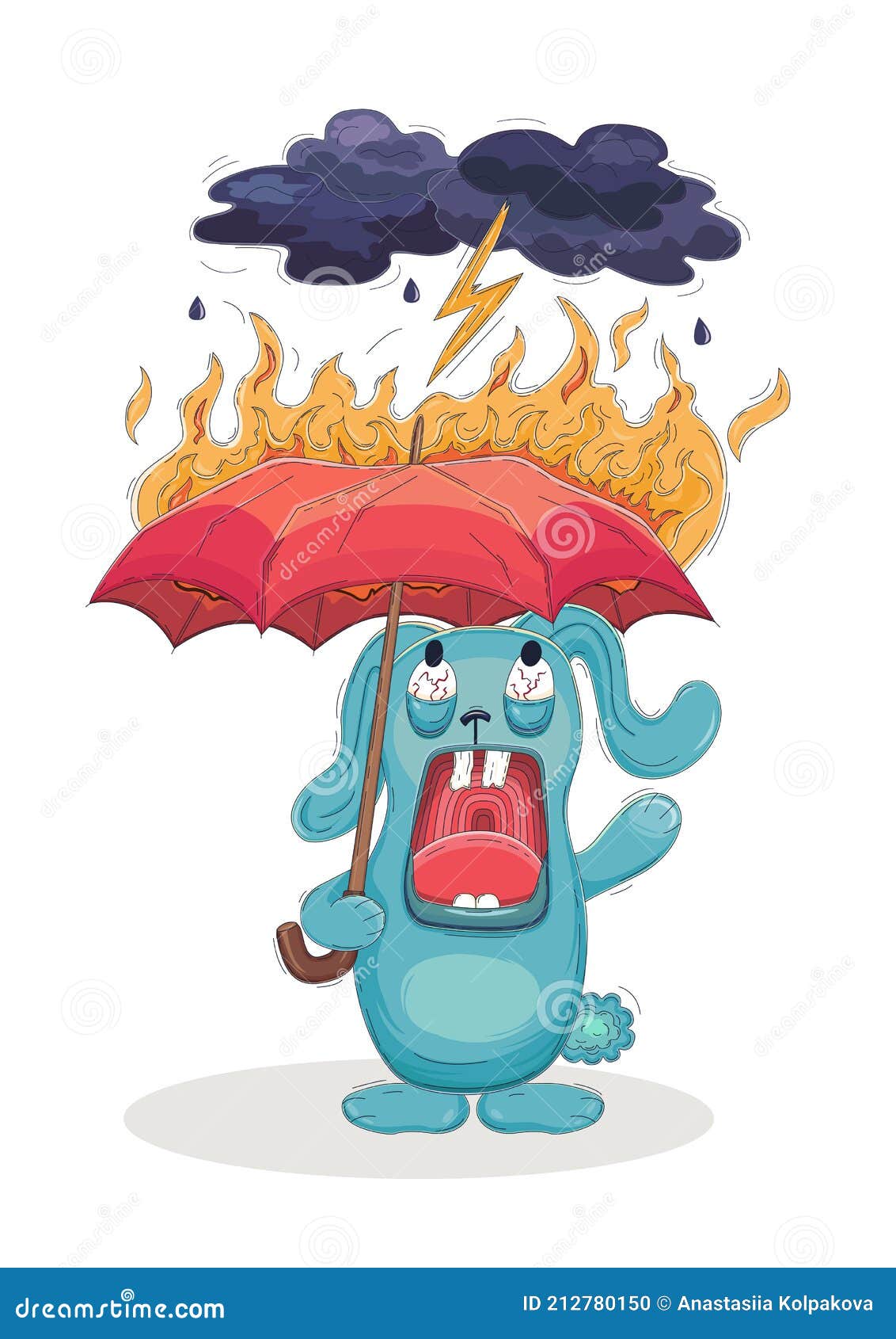 the cartoon blue rabbit screams and stands under a burning umbrella