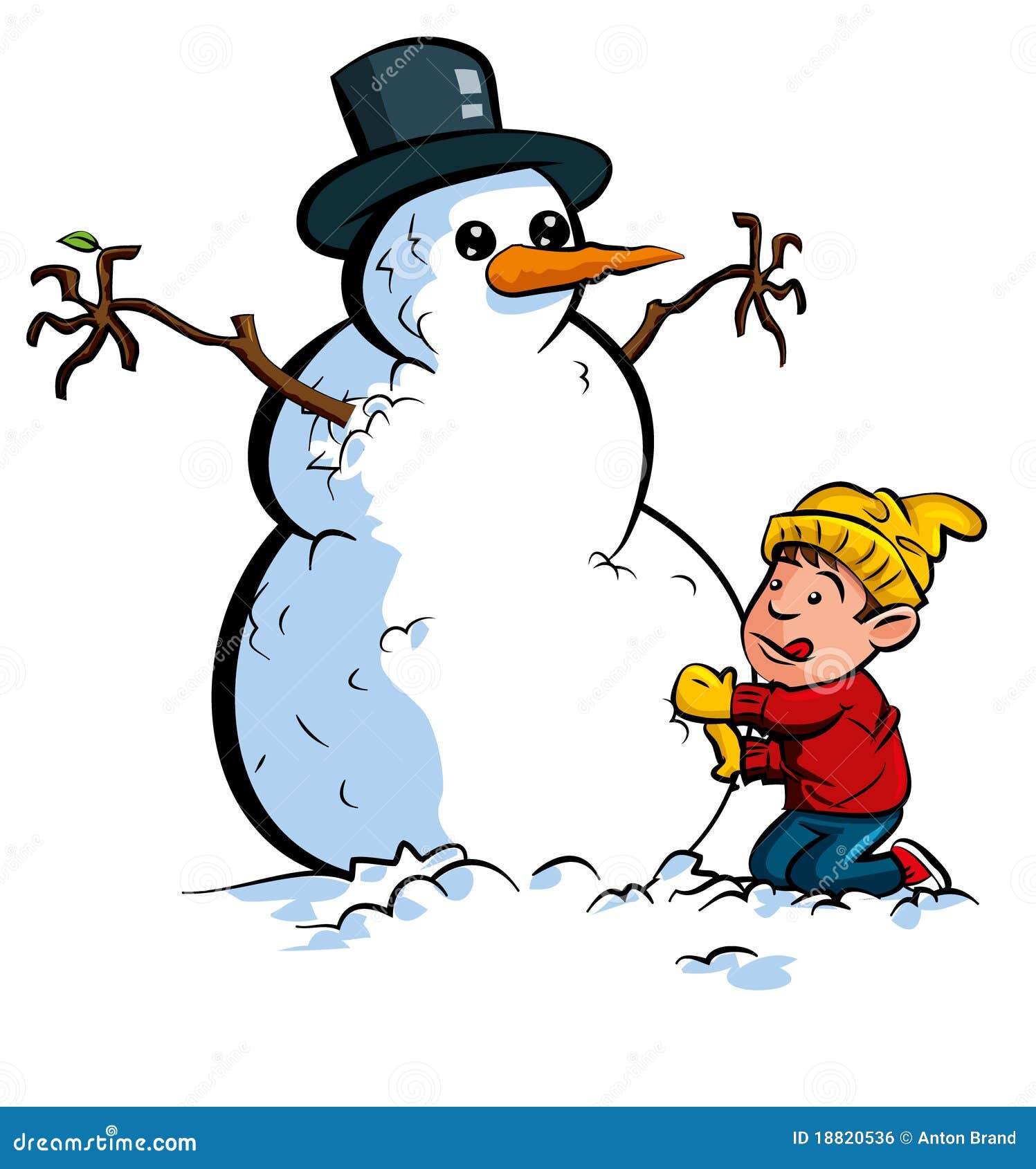 Cartoon Boy Building a Snowman Stock Vector - Illustration of hand, drawn:  18820536