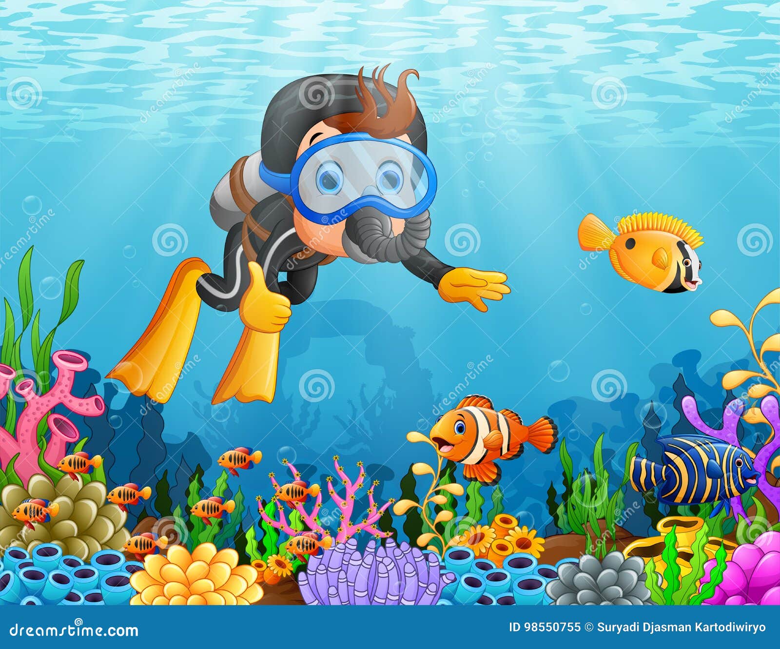 Cartoon Boy Diving in the Sea Stock Vector - Illustration of children