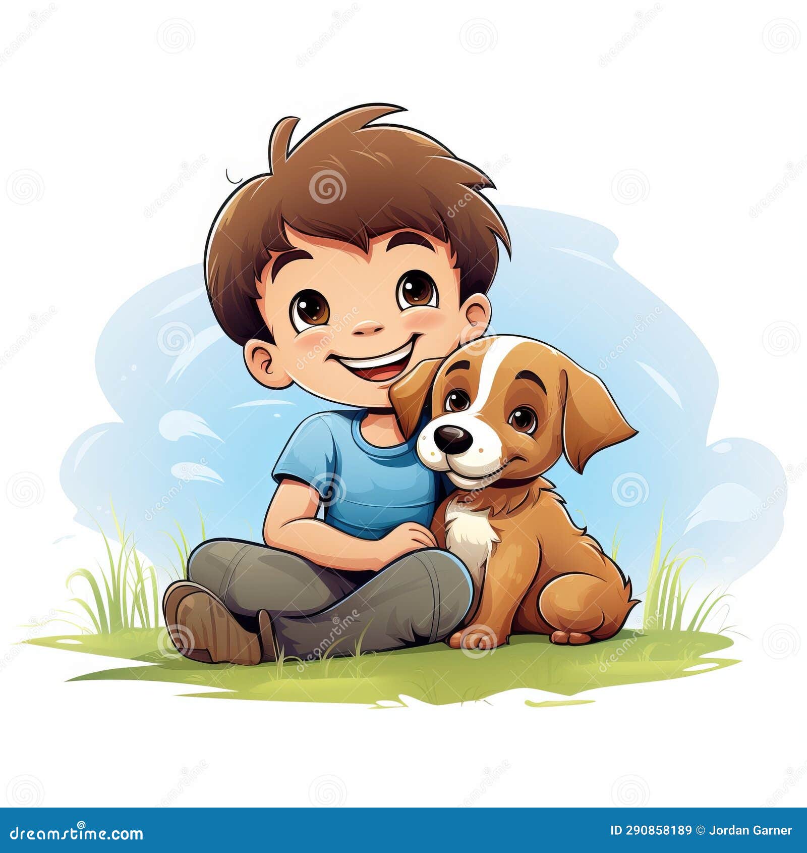 Cartoon Boy with Dog Sitting on Grass Stock Illustration - Illustration ...