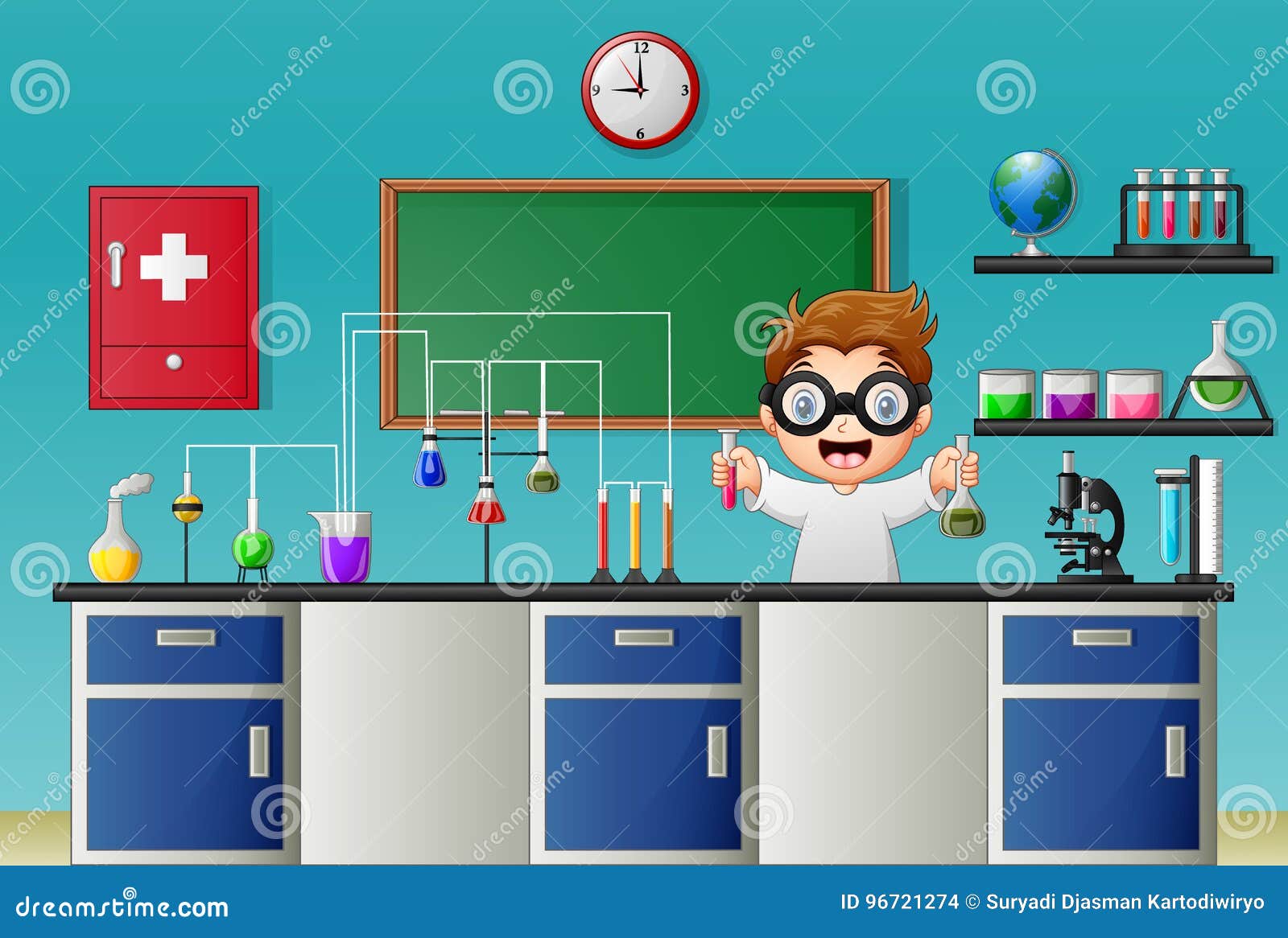 Cartoon Boy Doing Chemical Experiment in the Laboratory Stock Vector
