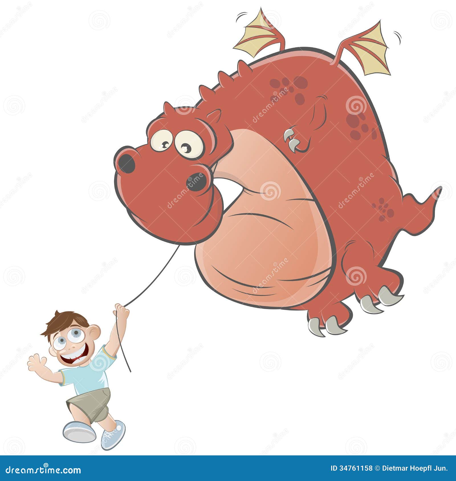Cartoon Boy is Flying a Dragon Kite Stock Vector Illustration of