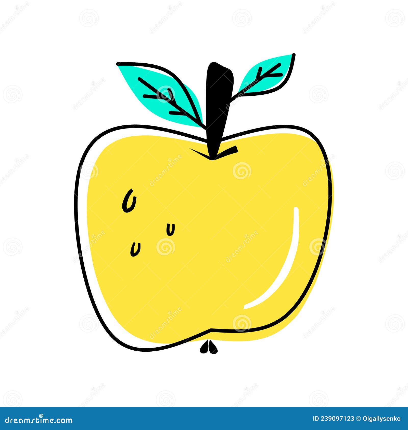 Cartoon Bright Yellow Apple with Leaves Stock Vector Illustration of