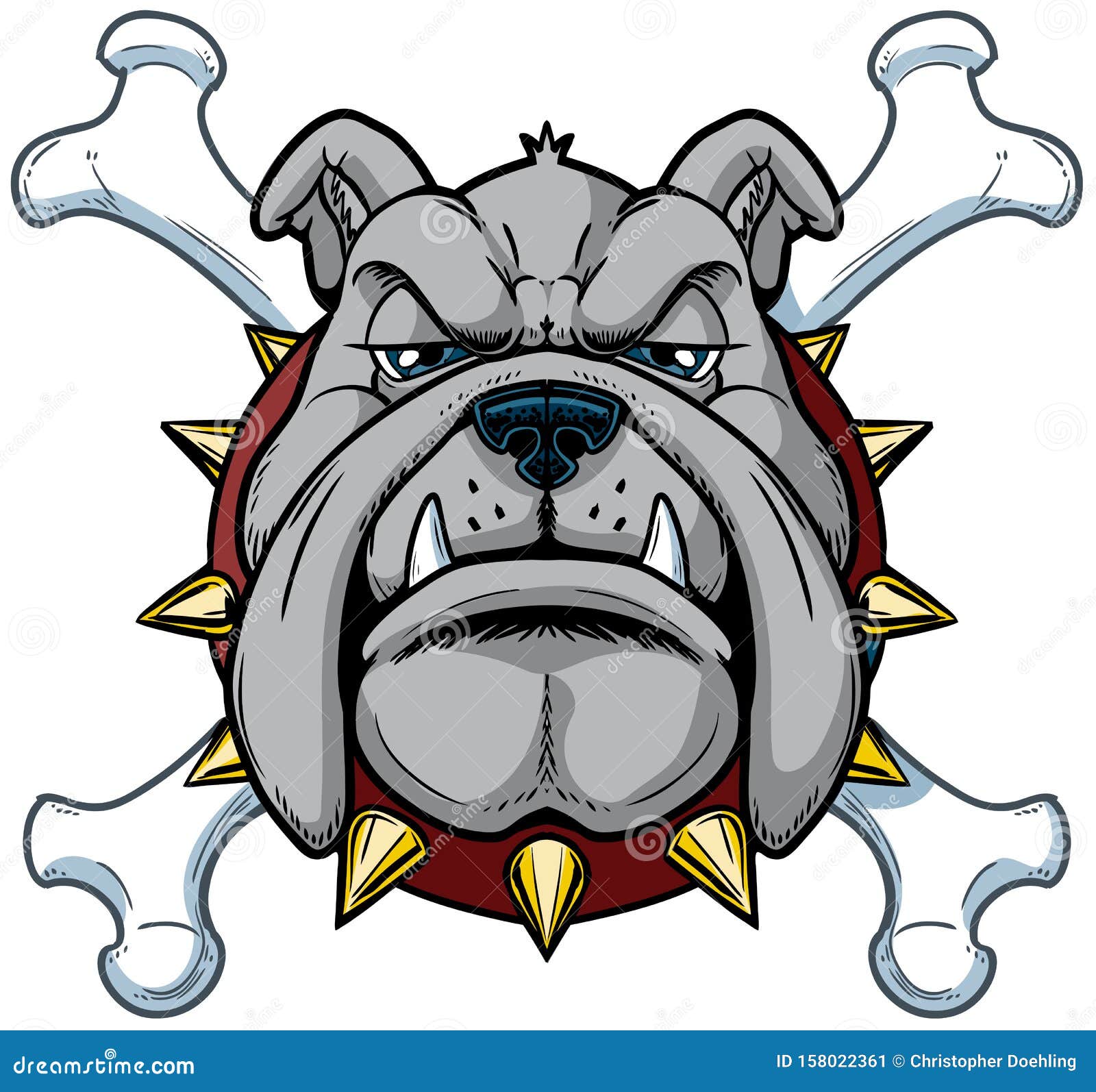 cartoon bulldog mascot head with crossbones