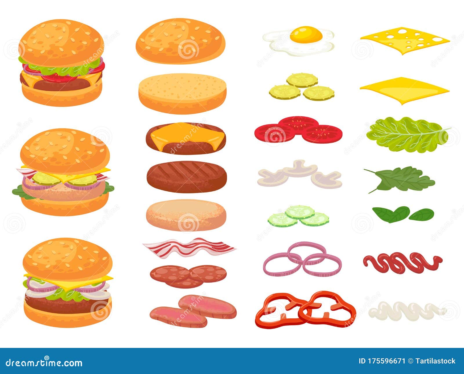 Cartoon Burger Ingredients. Hamburger, Chop Bun and Tomato. Ham, Fresh  Pickles and Cheese Slices Stock Vector - Illustration of fresh, background:  175596671