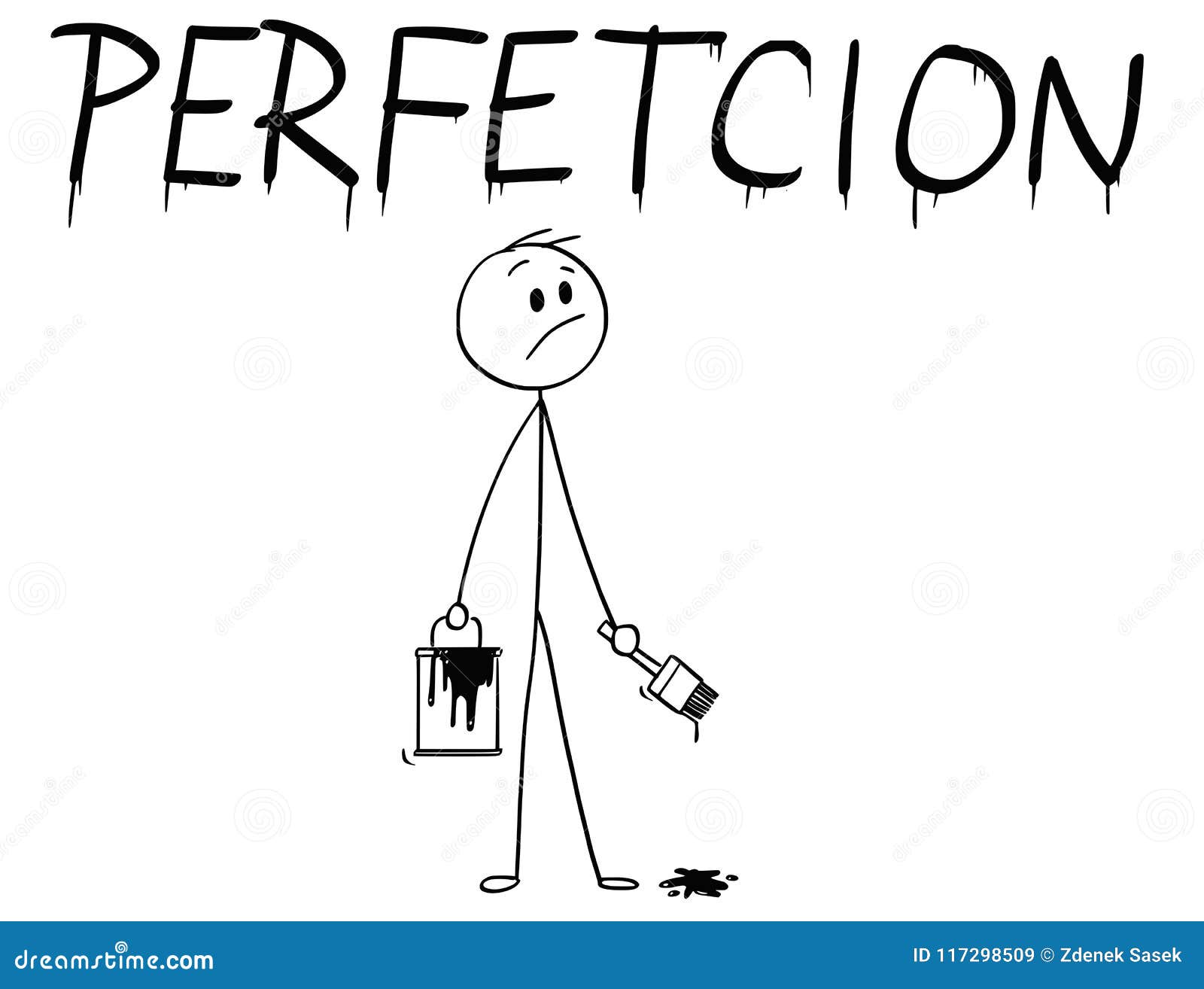 cartoon of businessman with brush and paint can painting the word perfection with spelling mistake