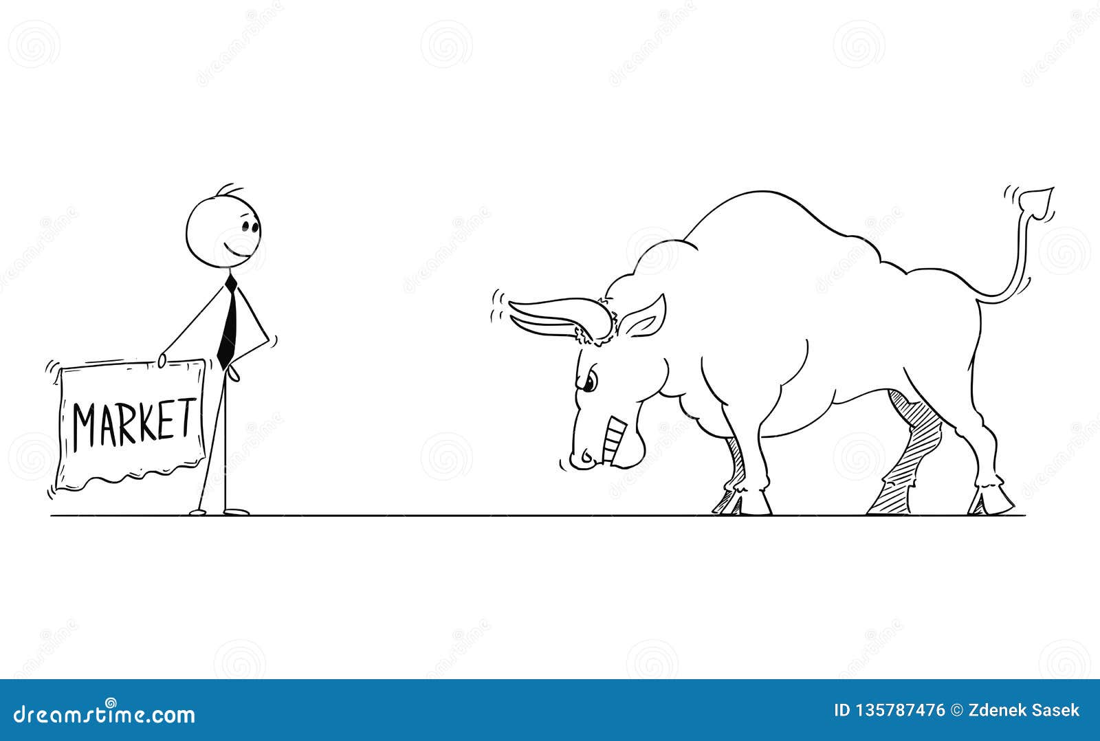 cartoon of businessman bullfighter provoking bull as rising market prices  with cloth or muleta