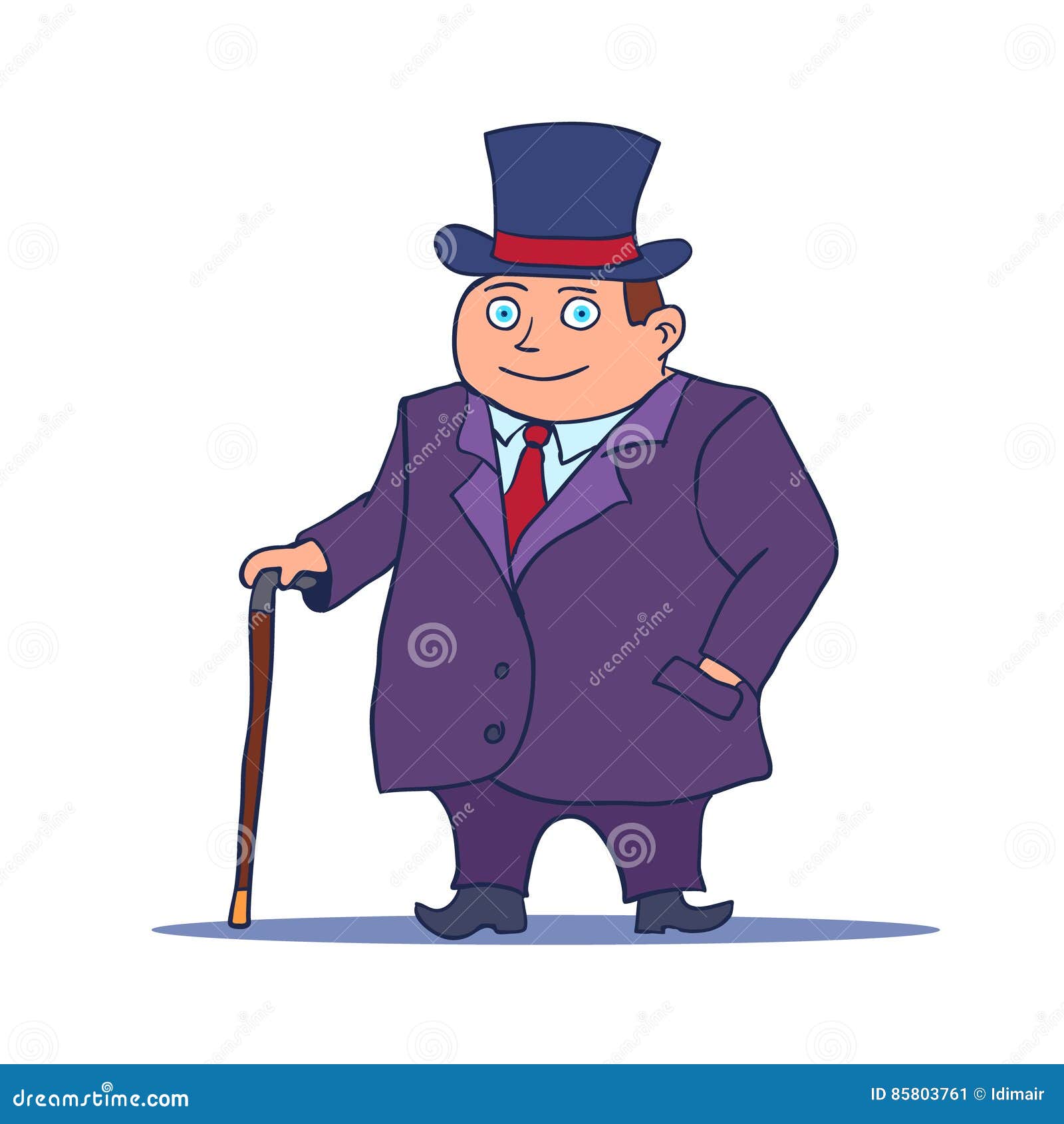 Cartoon Businessman Character with Cane and Top Hat. Vector Stock
