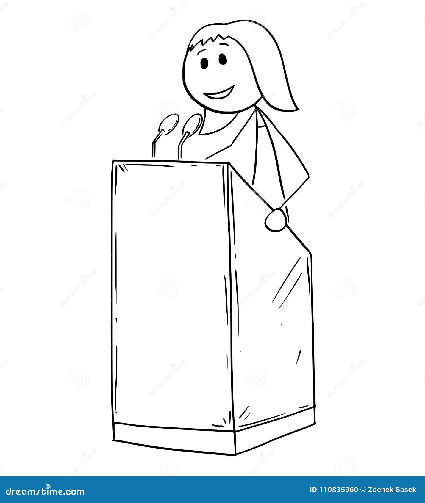 cartoon of businessman conference woman speaker or orator on podium behind lectern