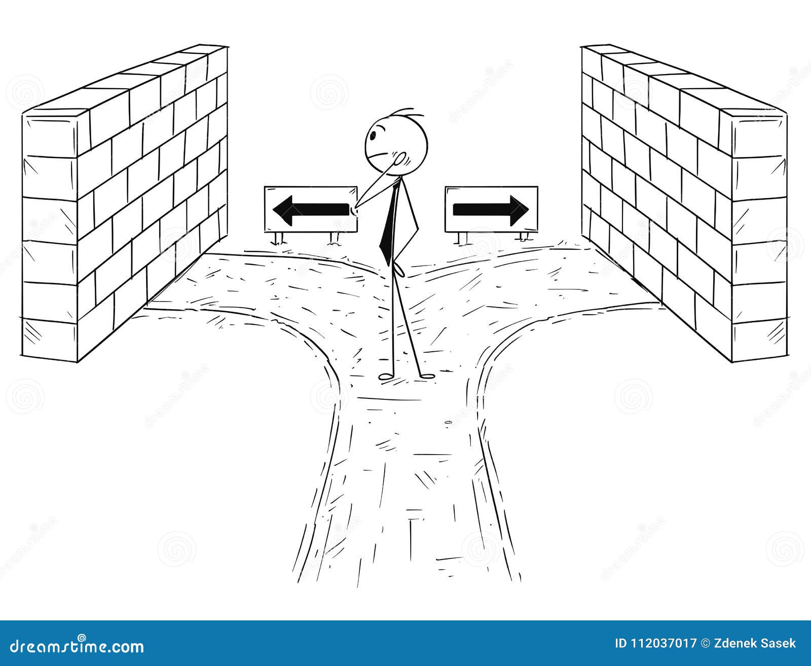 cartoon of businessman on dead end with no right option to choose
