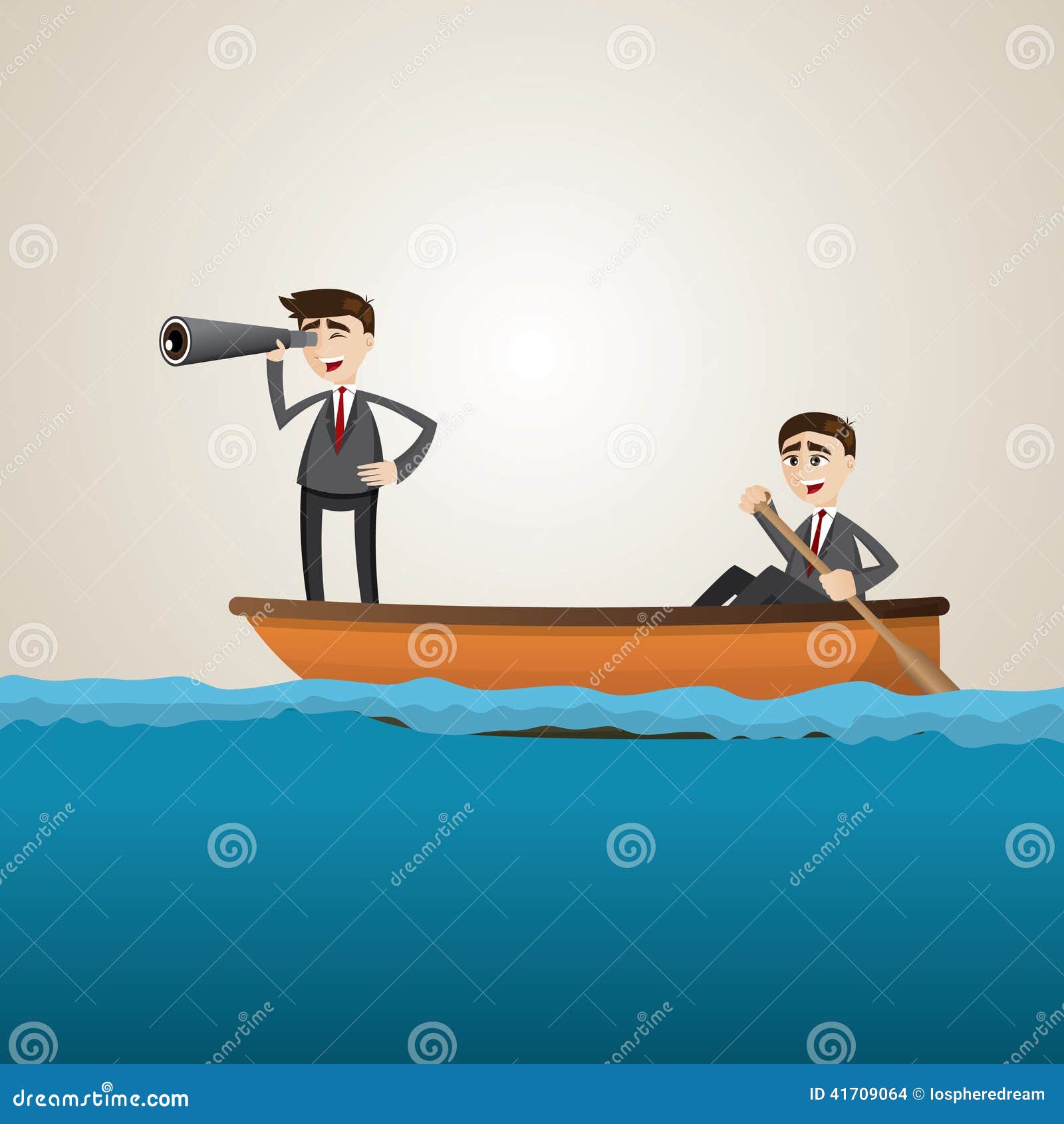 cartoon businessman paddling on sea with teammate scouting