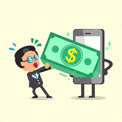 Cartoon Businessman Pulling Money Stack from Smartphone Stock Vector ...