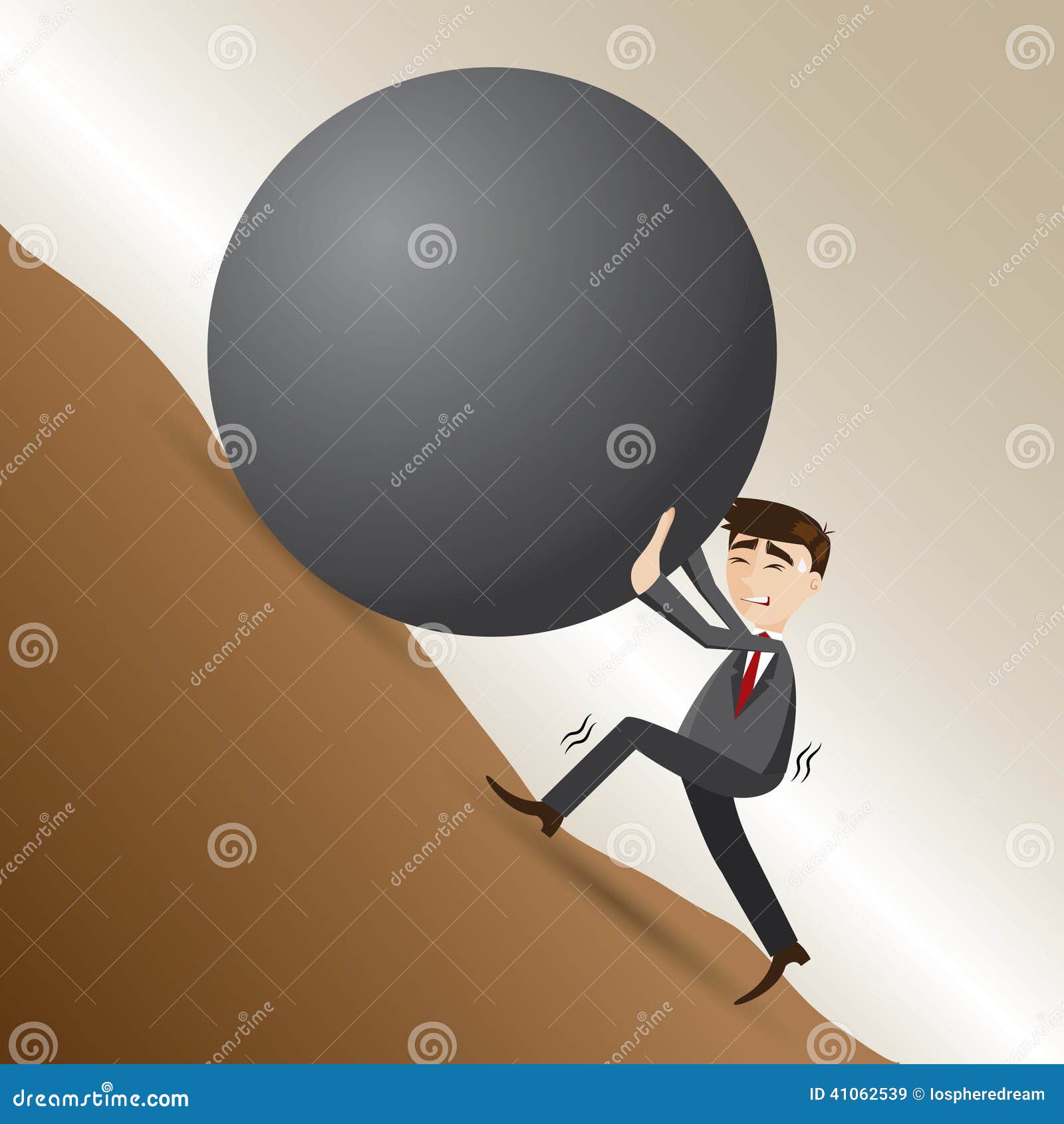 cartoon businessman push steel ball on moutain