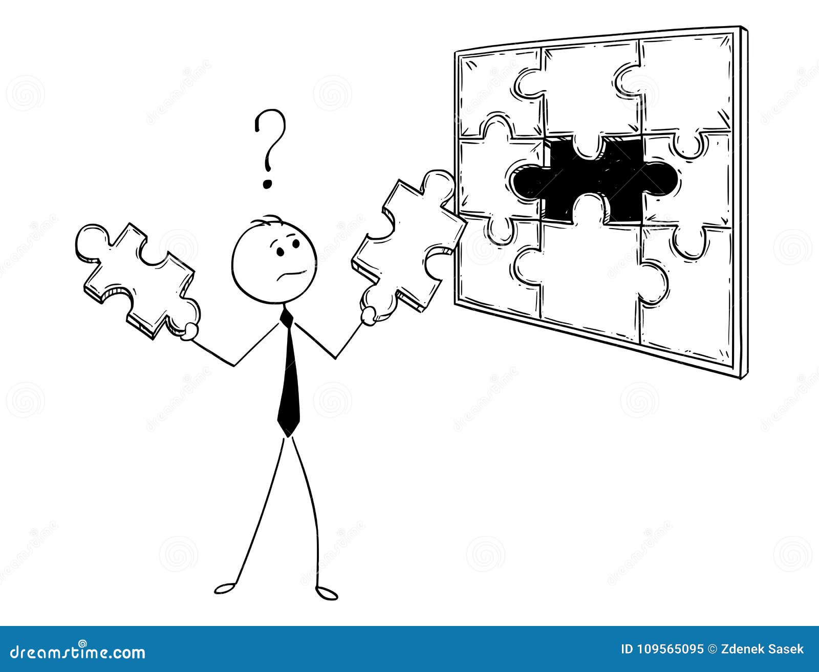 cartoon of businessman with two jigsaw puzzle pieces in hands to decide