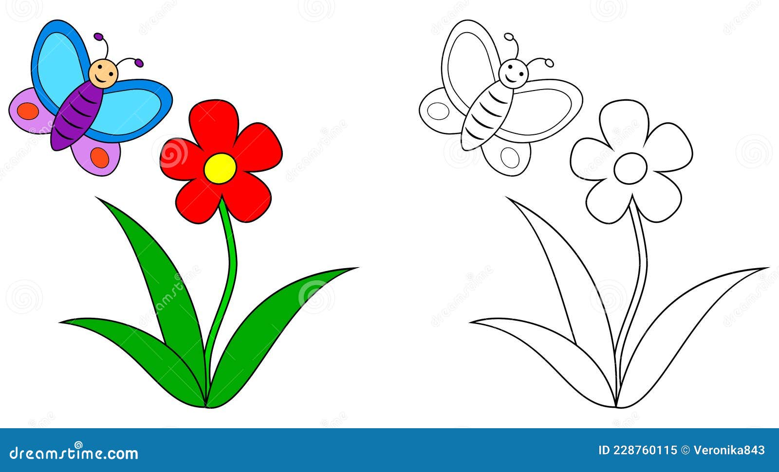 Cartoon Butterfly with Flower Colorful and Black and White. Coloring Book  Page for Children Stock Vector - Illustration of adults, grow: 228760115
