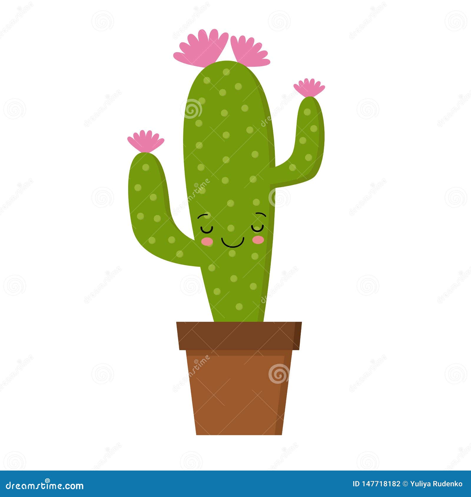 Cartoon Cactus Character with Flower and Cute Face. Kawaii Potted Plant  Vector Illustration Ilustração do Vetor - Ilustração de casa, divertimento:  147718182