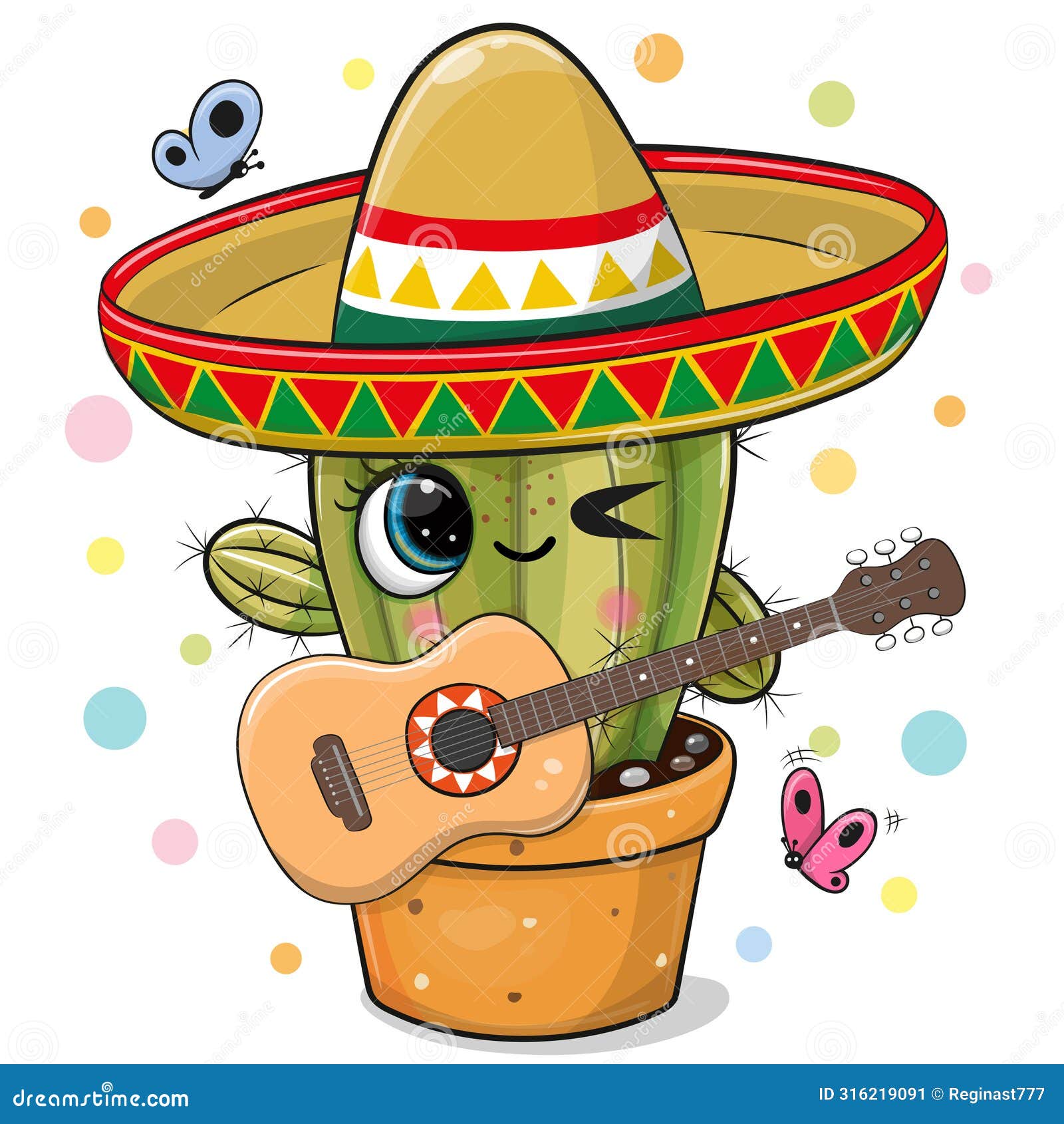 cartoon cactus wearing a sombrero with a guitar