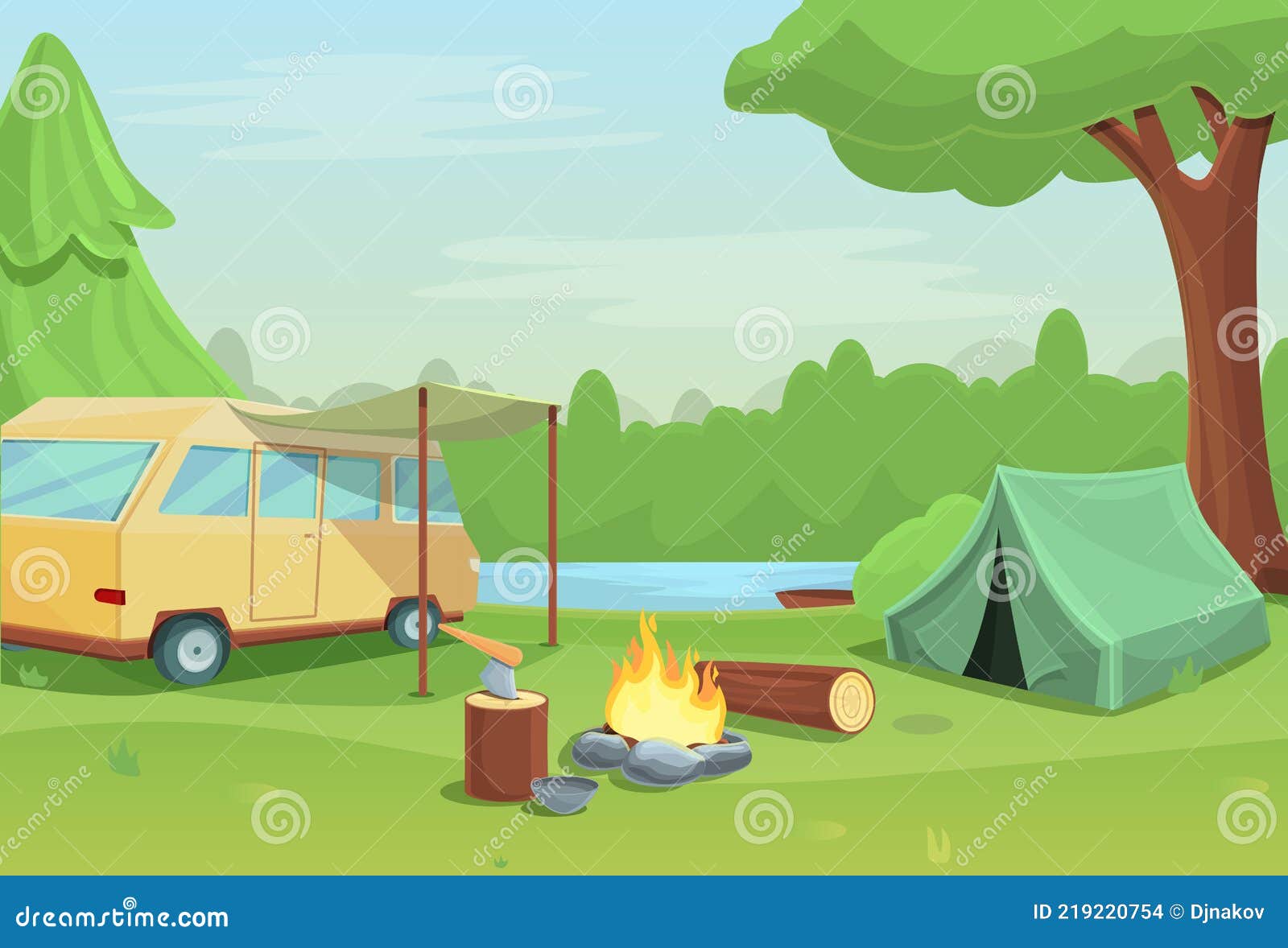 Cartoon Camping with Bonfire Tent and Car in Nature Stock Vector ...