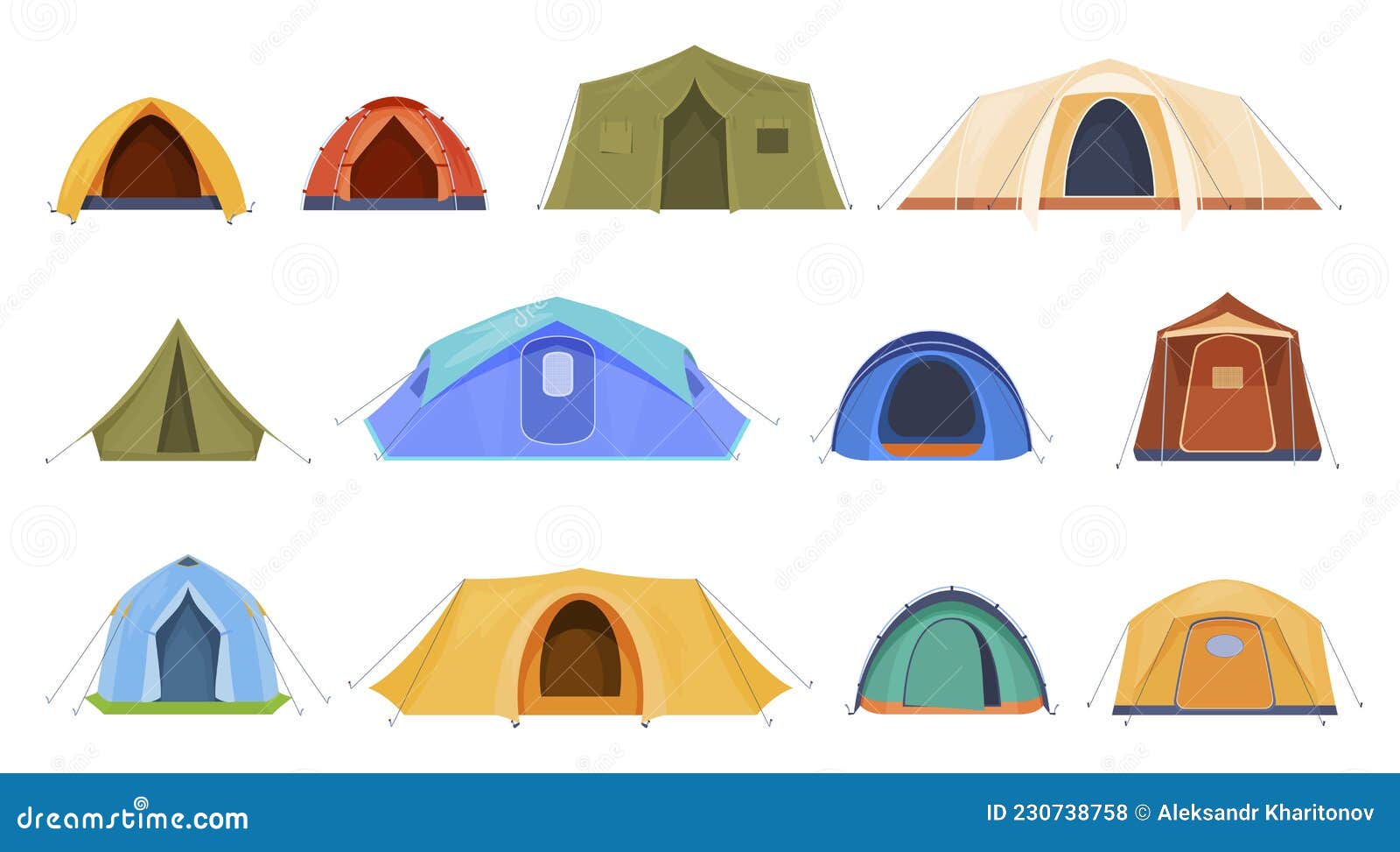 doden tapijt Vies Cartoon Camping Tent Set Vectorvlakke Illustratie. Driehoek En  Toeristentententen Van Het Dome Kamp Vector Illustratie - Illustration of  avontuur, ontspanning: 230738758