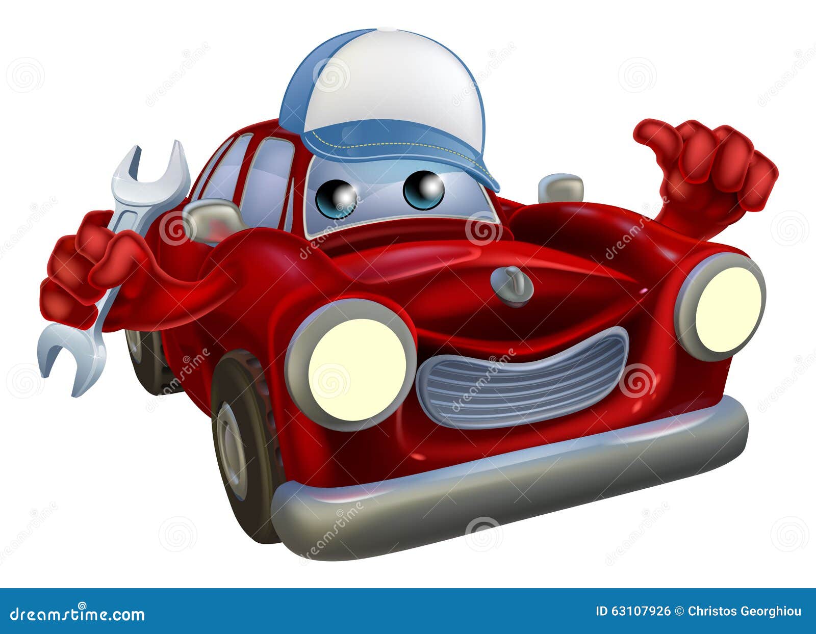 cartoon car mechanic character drawing red mascot wearing baseball hat holding wrech giving thumbs up 63107926
