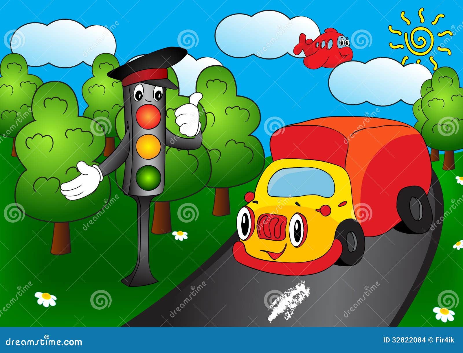 Cartoon Car with Traffic Lights Stock Vector - Illustration of road,  background: 32822084