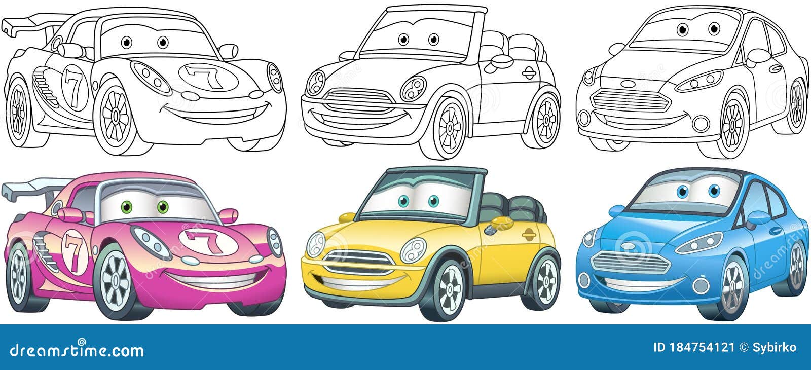 Cartoon Cars Coloring Pages Set Stock Vector - Illustration Of Face, Black:  184754121