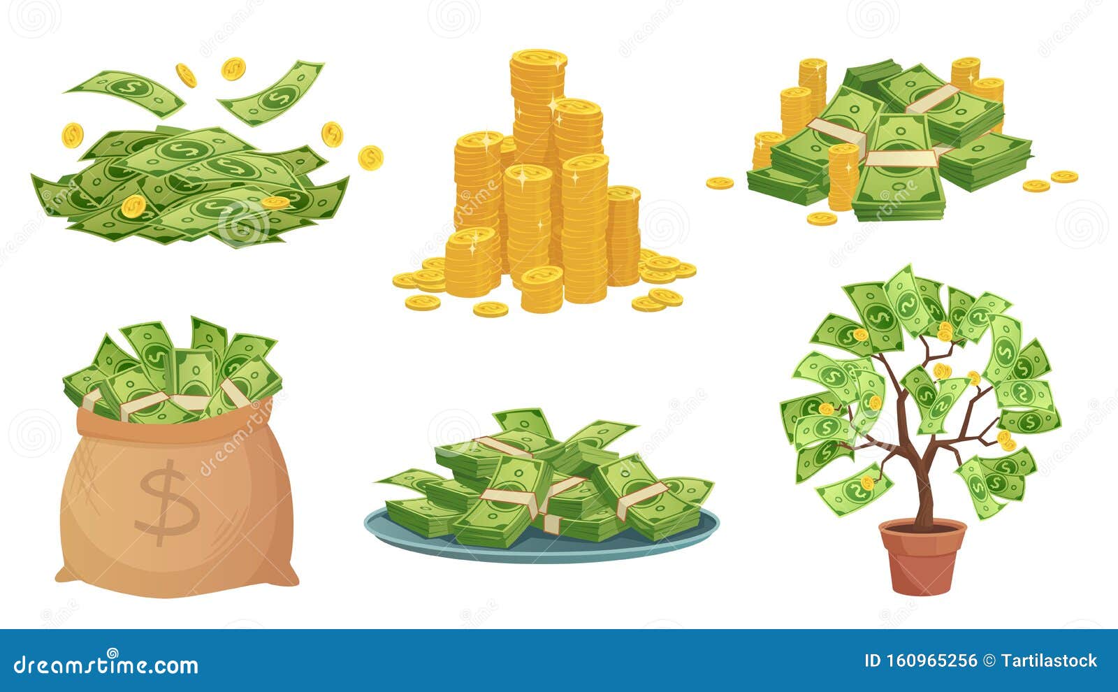 cartoon cash. green dollar banknotes pile, rich gold coins and pay. cash bag, tray with stacks of bills and money tree