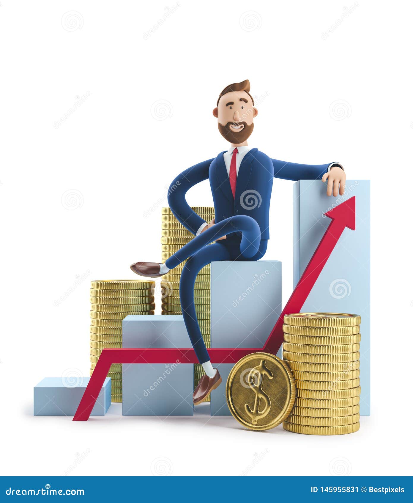 3d . businessman billy goes to success. concept of financial growth. dashboard with the analysis of finance