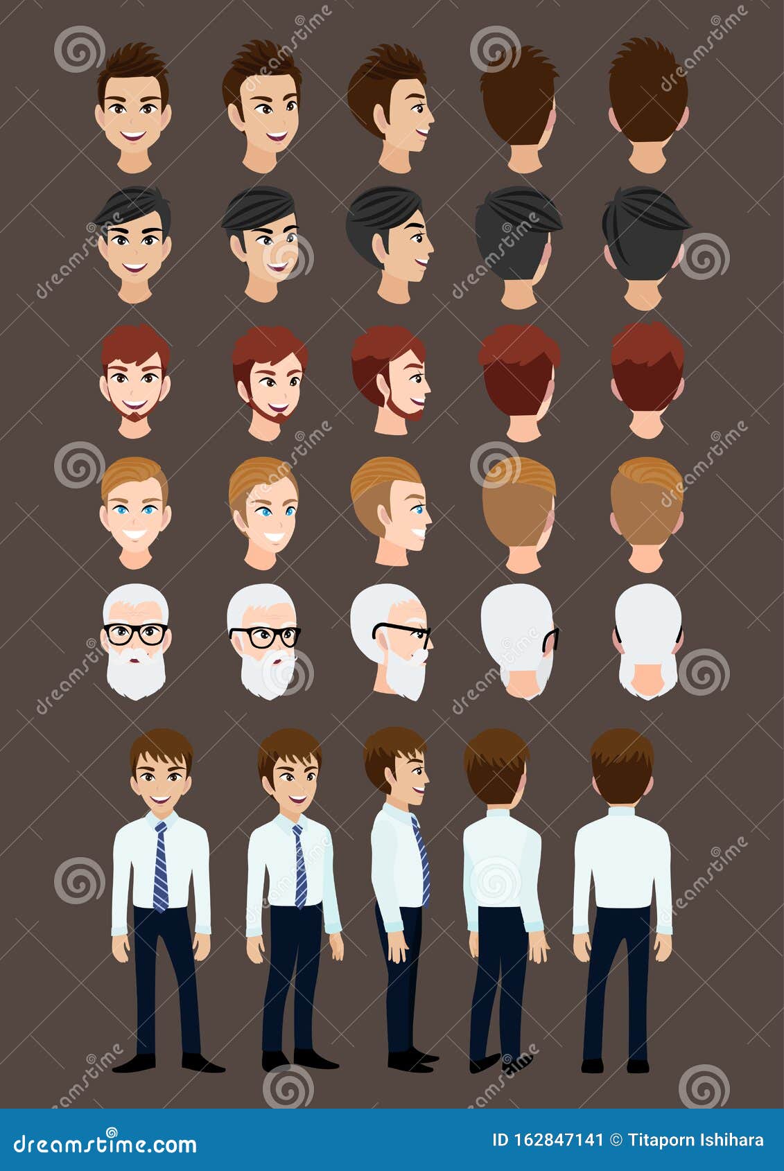Cartoon Character with Business Man for Animation. Front, Side, Back, 3-4  View Character. Set of Male Head and Flat Vector Stock Vector -  Illustration of isolated, boss: 162847141