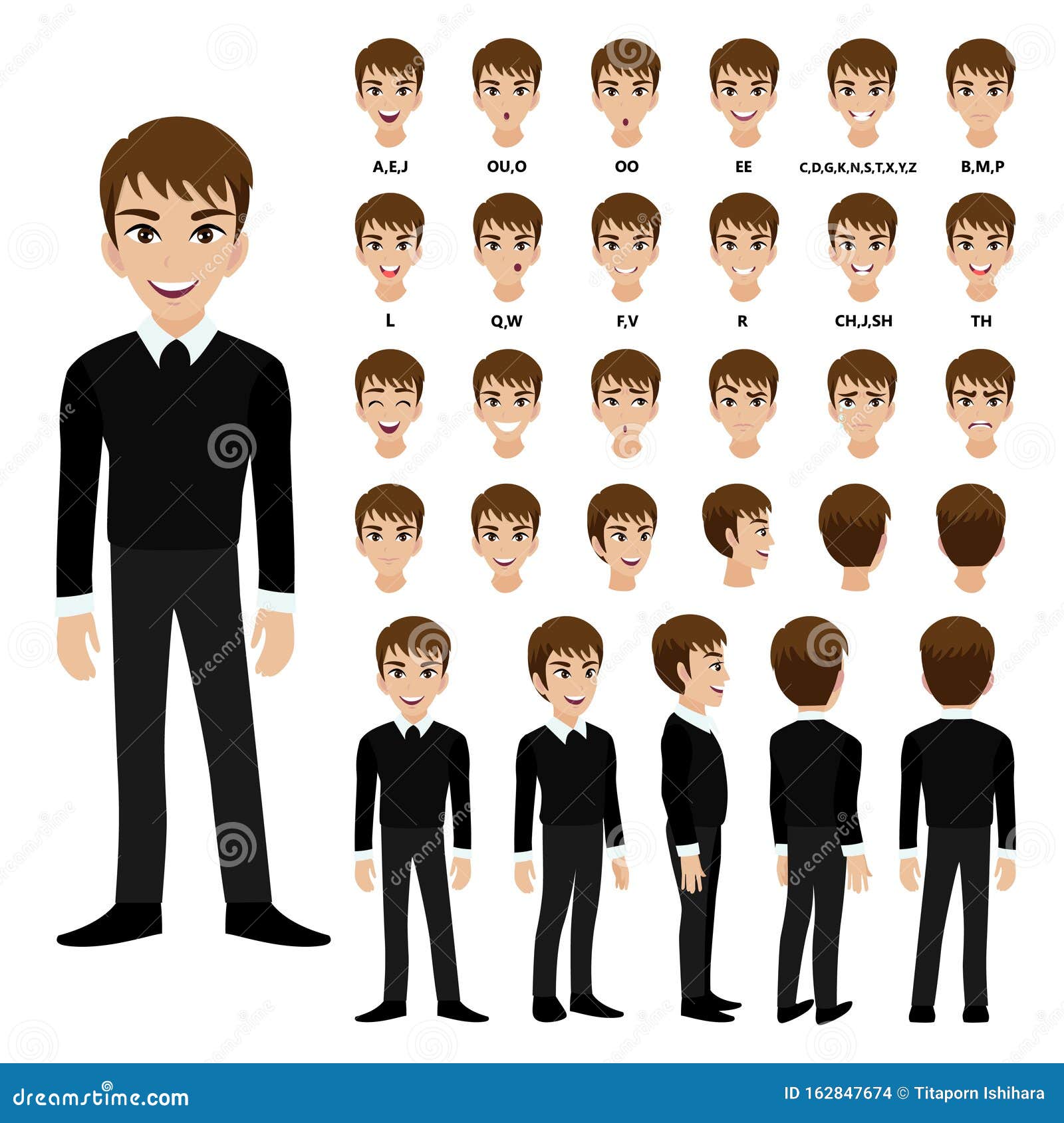 Cartoon Character with Business Man Animation. Front, Side, Back, 3-4 View  Character. Separate Parts of Body. Flat Stock Vector - Illustration of  parts, occupation: 162847674