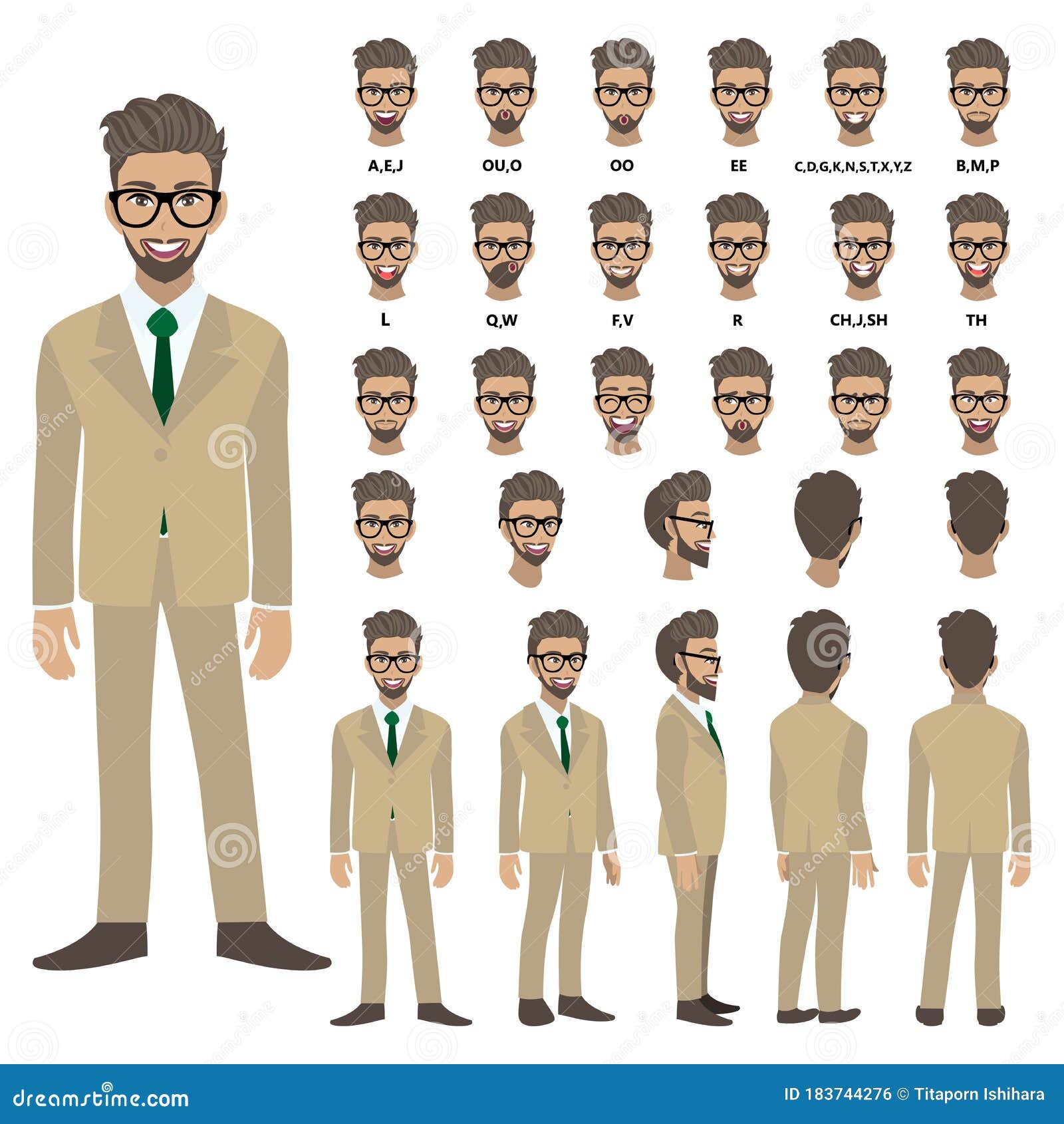Cartoon Character with Business Man in Suit for Animation. Front, Side,  Back, 3-4 View Character Vector Stock Vector - Illustration of head, cartoon:  183744276