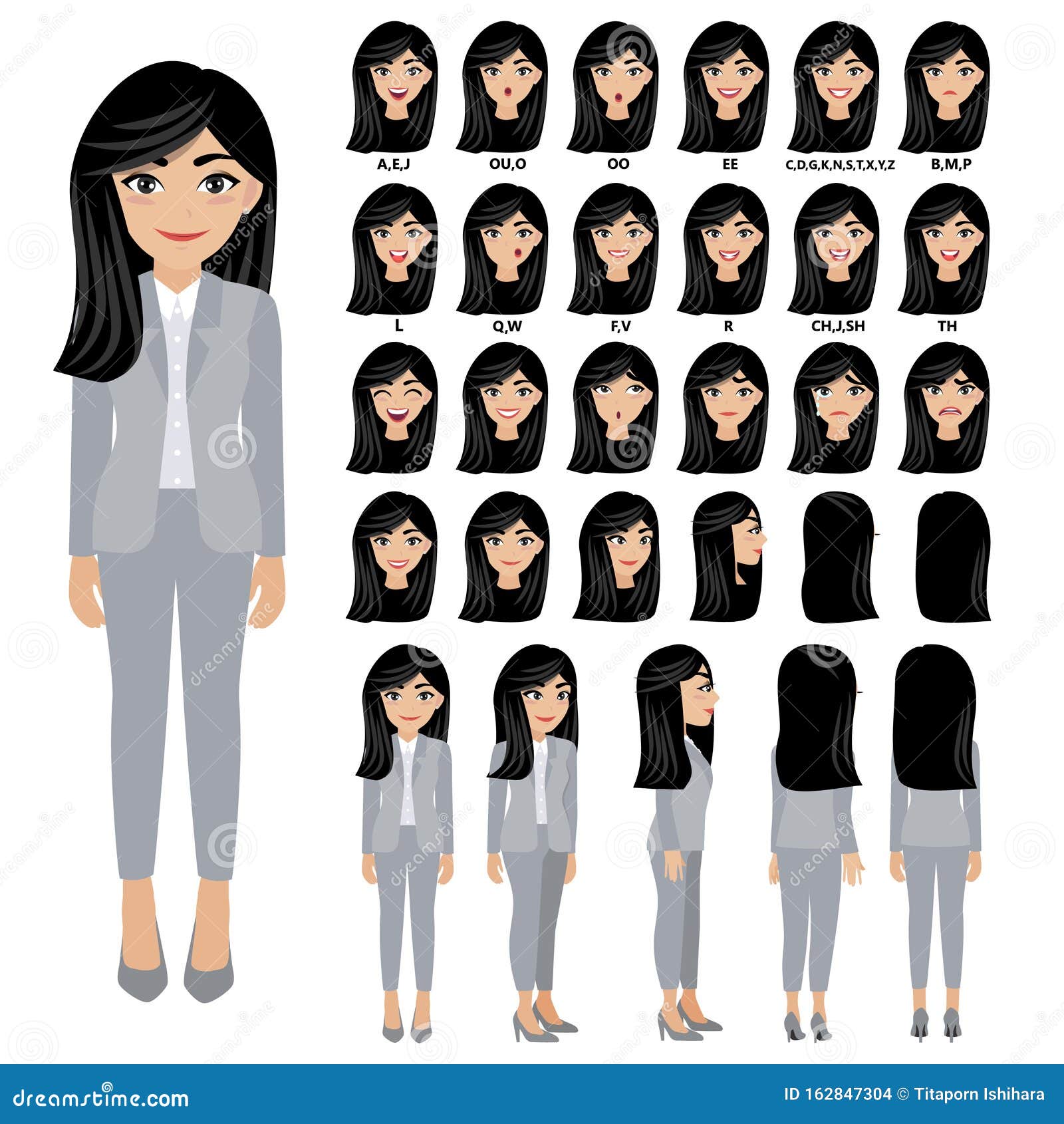 Cartoon Character with Business Woman in Suit for Animation. Front, Side,  Back, 3-4 View Character Stock Vector - Illustration of flat, beautiful:  162847304