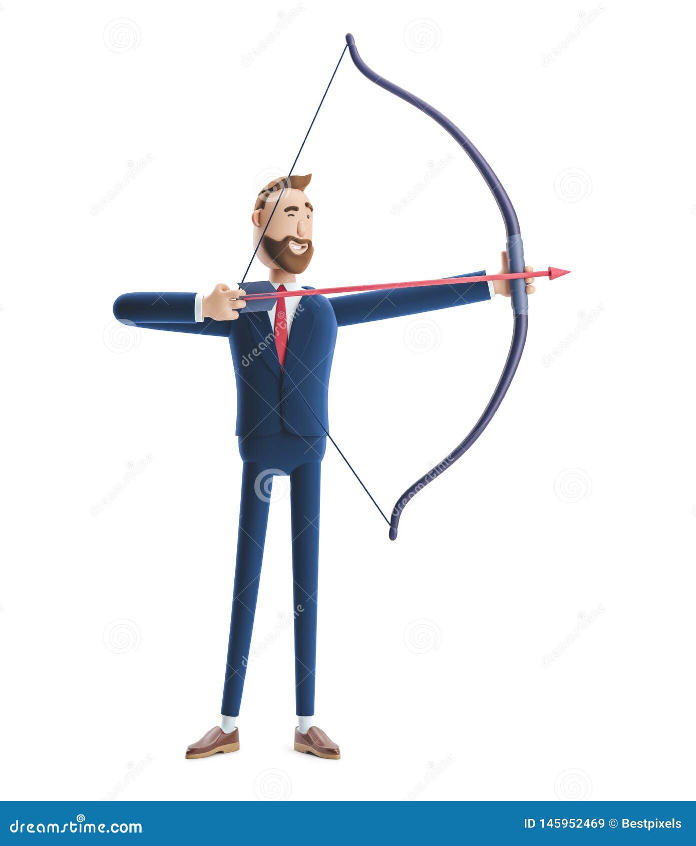 3d . handsome beard businessman billy aiming with bow and arrow