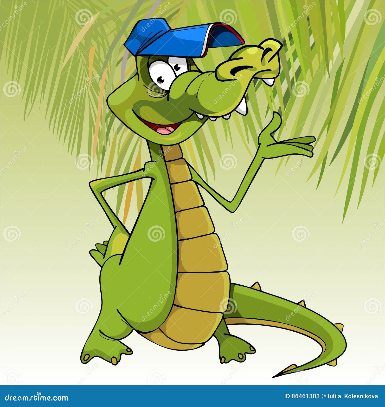 cartoon character cheerful crocodile in a cap gesticulating arm