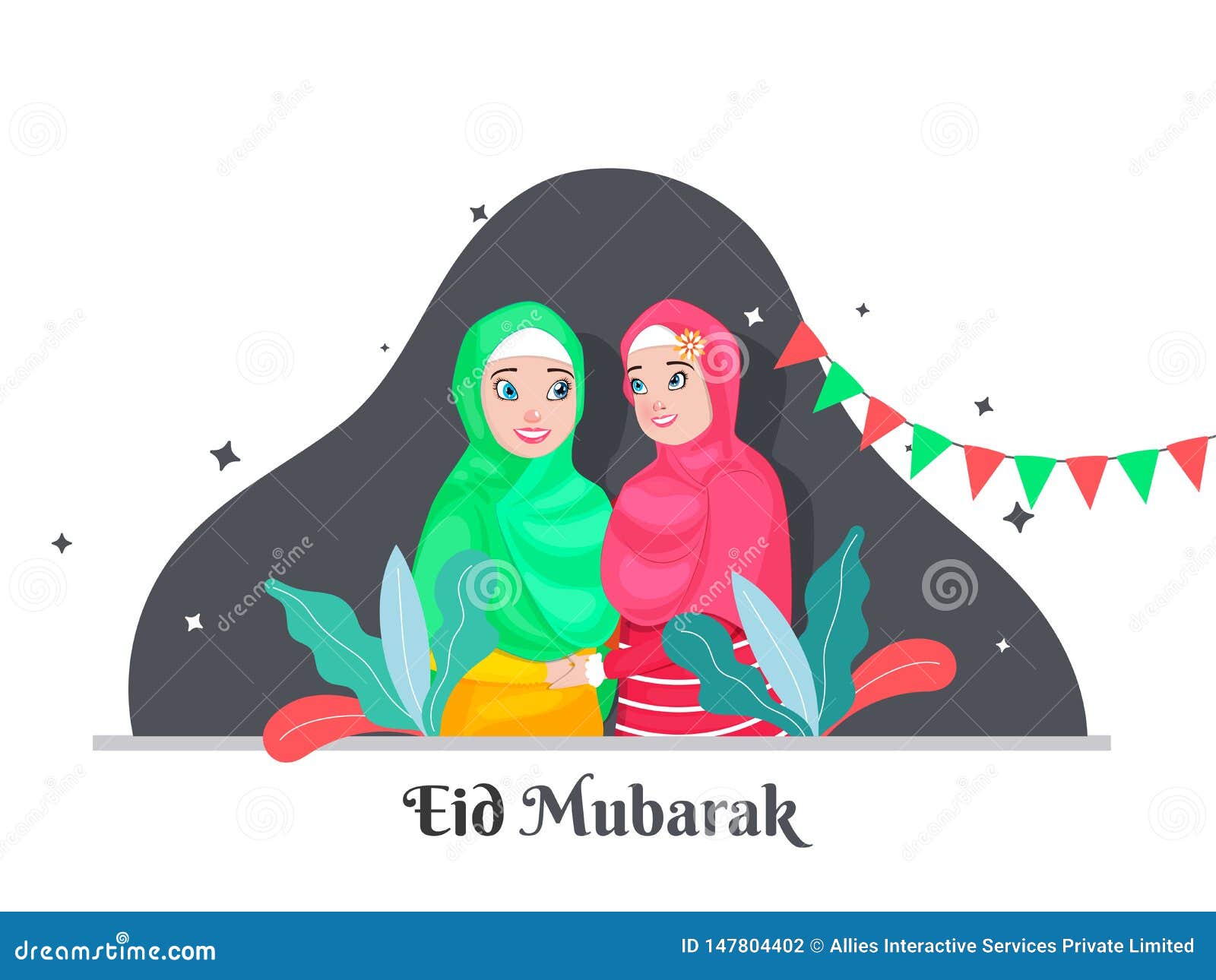 Cartoon Character of Cute and Happy Islamic Women Hugging Each Other in Eid  Mubarak Festival  Bunting Stock Illustration -  Illustration of banner, faceless: 147804402