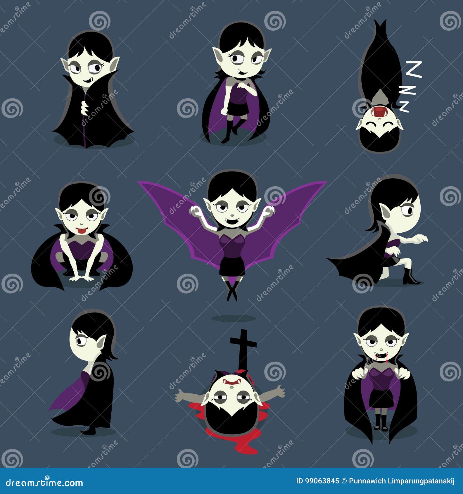 Halloween Character Big Head Poses Vampire Girl Stock Vector ...