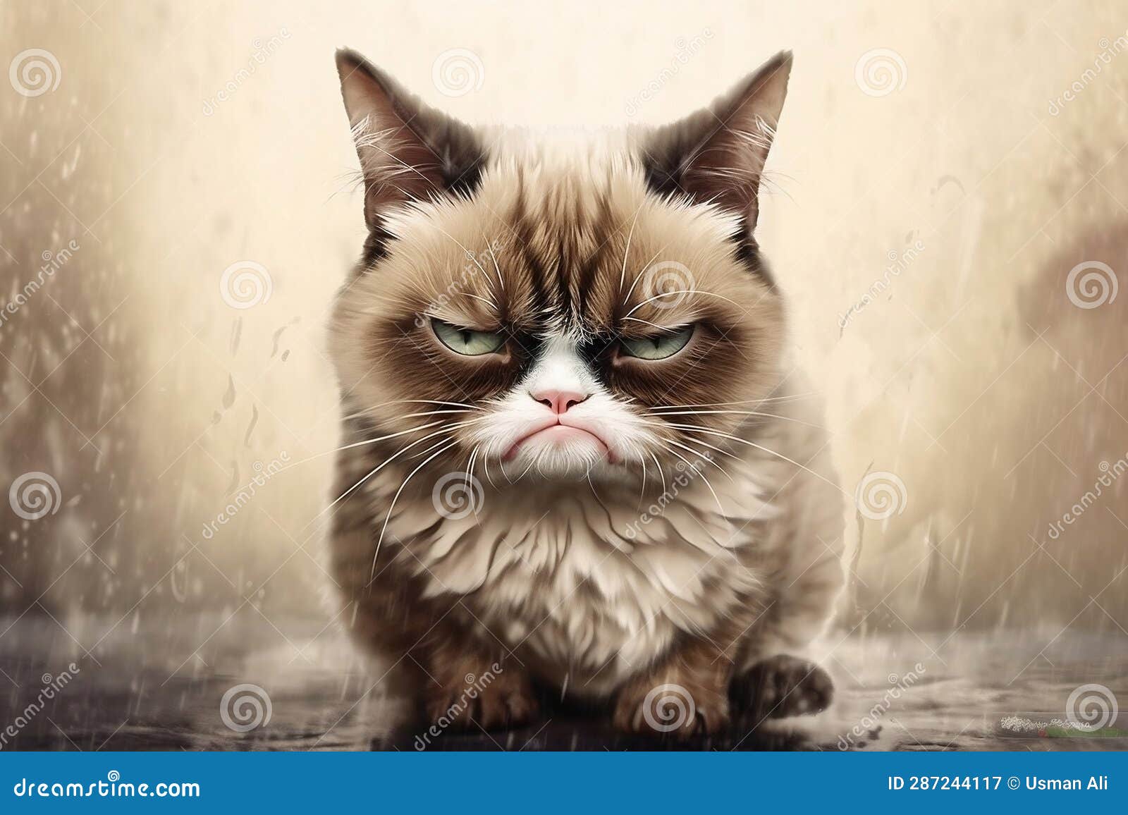 Cartoon Character of a Grumpy Cat with a Perpetual Scowl. AI Stock