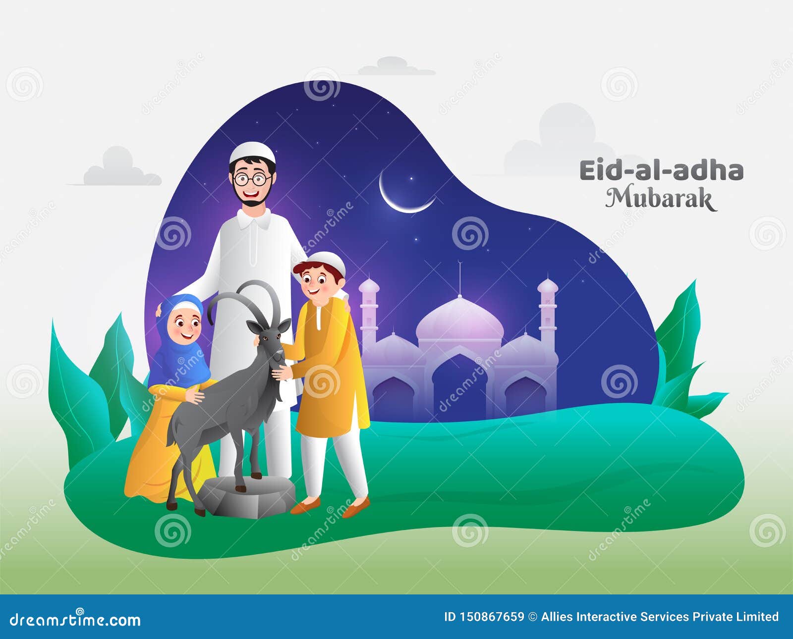 Cartoon Character Of Happy Family In Front Of Mosque With Goat On Eid Al Adha Mubarak Celebration Creative Poster Or Banner Stock Illustration Illustration Of Muslim Celebration 150867659