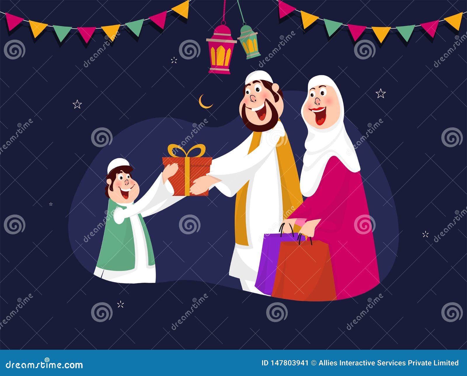 Cartoon Character Of Islamic Couple Wishing And Giving Gift To A Child 