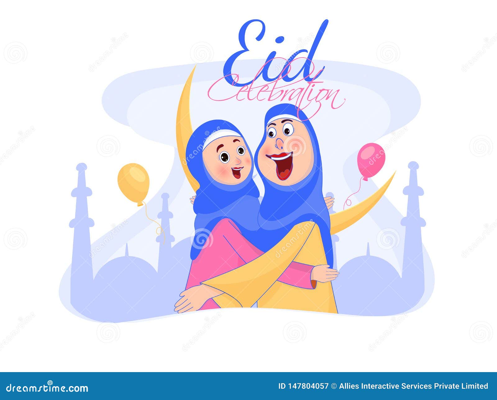 Cartoon Character of Islamic Women Hugging Each Other in Eid Mubarak. Stock  Illustration - Illustration of banner, illuminated: 147804057