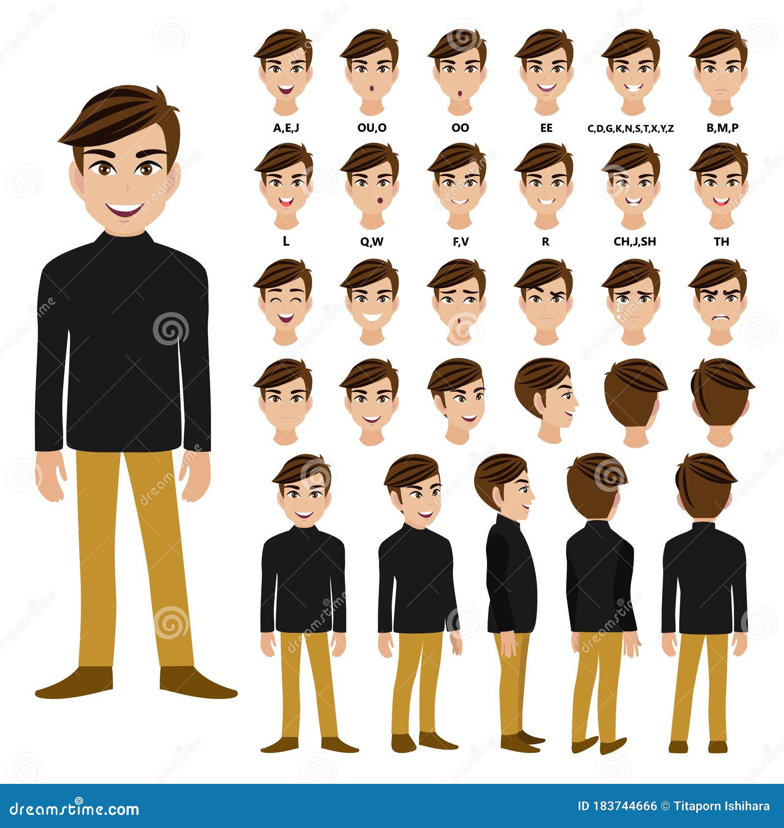 Cartoon Character with Male in Long-sleeved Turtleneck T-shirt for Animation.  Front, Side, Back, 3-4 View Character. Flat Vector Stock Vector -  Illustration of isolated, male: 183744666