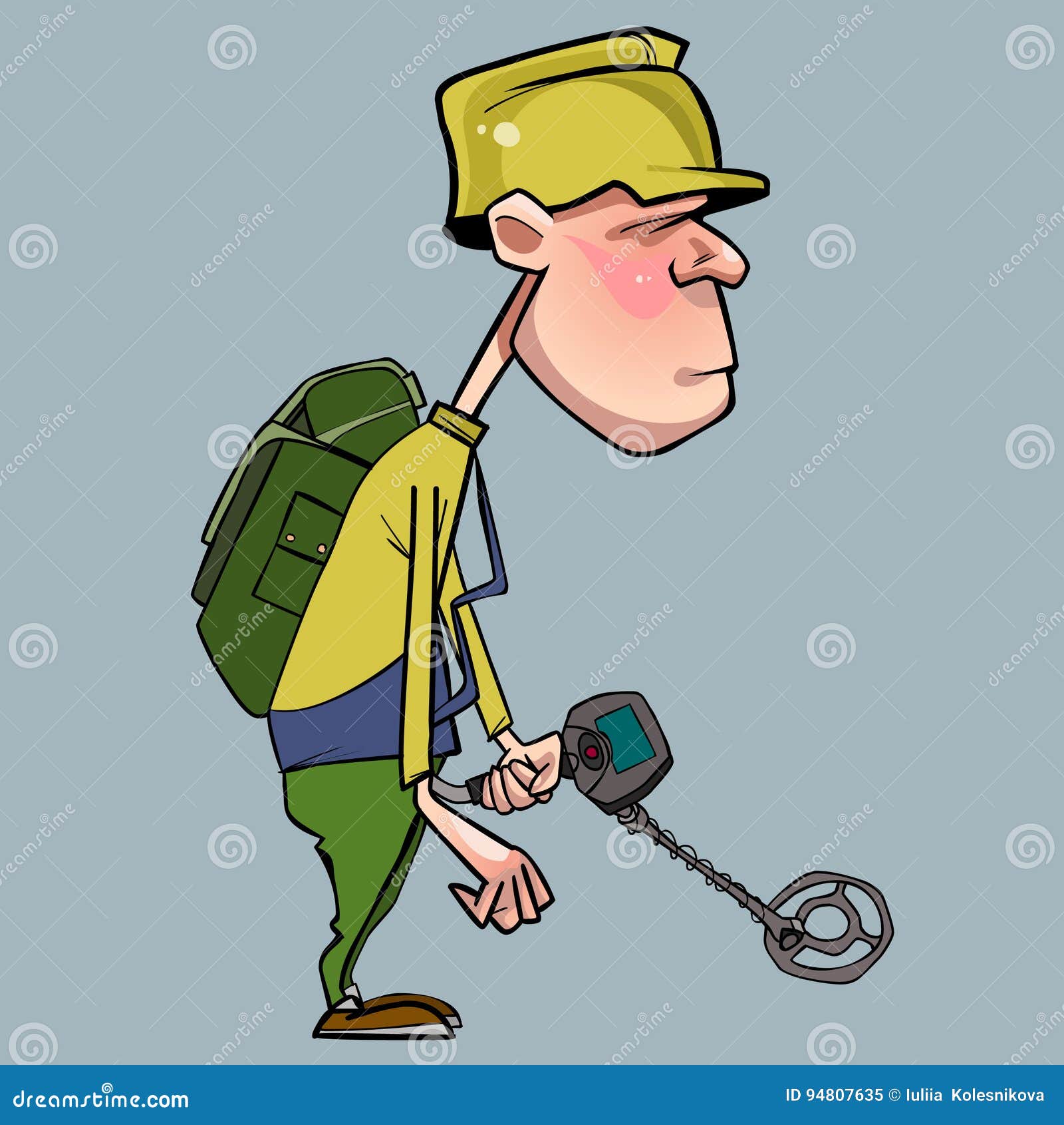 Cartoon Character of Man Walking with a Metal Detector Stock Vector